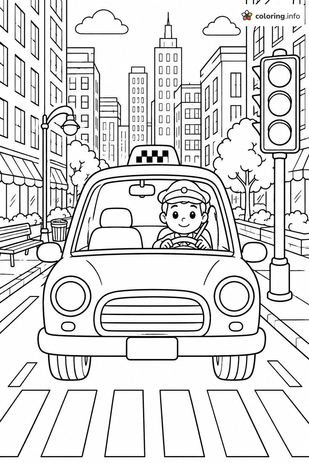 Taxi Car on a City Street Near a Traffic Light printable coloring page Taxi Car on a City Street Near a Traffic Light printable coloring page