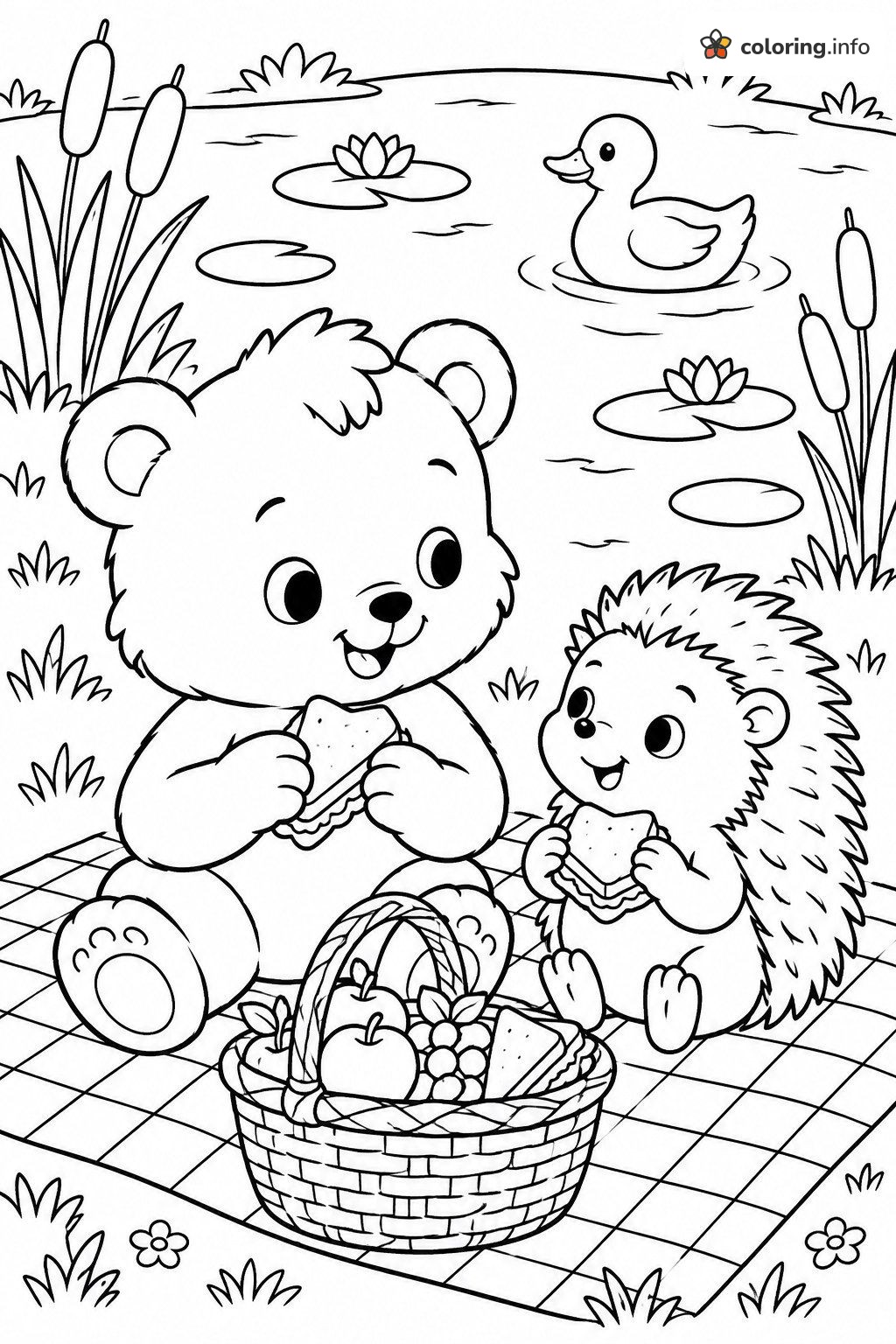Teddy Bear and Hedgehog Pond Picnic, Calico Critters Style printable coloring page Teddy Bear and Hedgehog Pond Picnic, Calico Critters Style printable coloring page