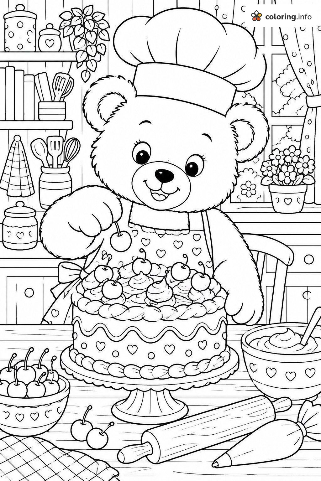 Little Chef Teddy Bears Topping a Cherry Cake coloring page Little Chef Teddy Bears Topping a Cherry Cake coloring page