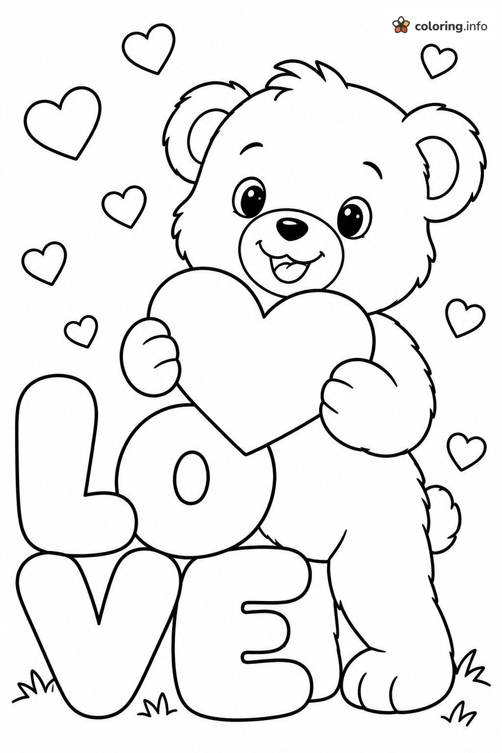 Teddy Bear Hugging a Heart, LOVE Words coloring sheet Teddy Bear Hugging a Heart, LOVE Words coloring sheet