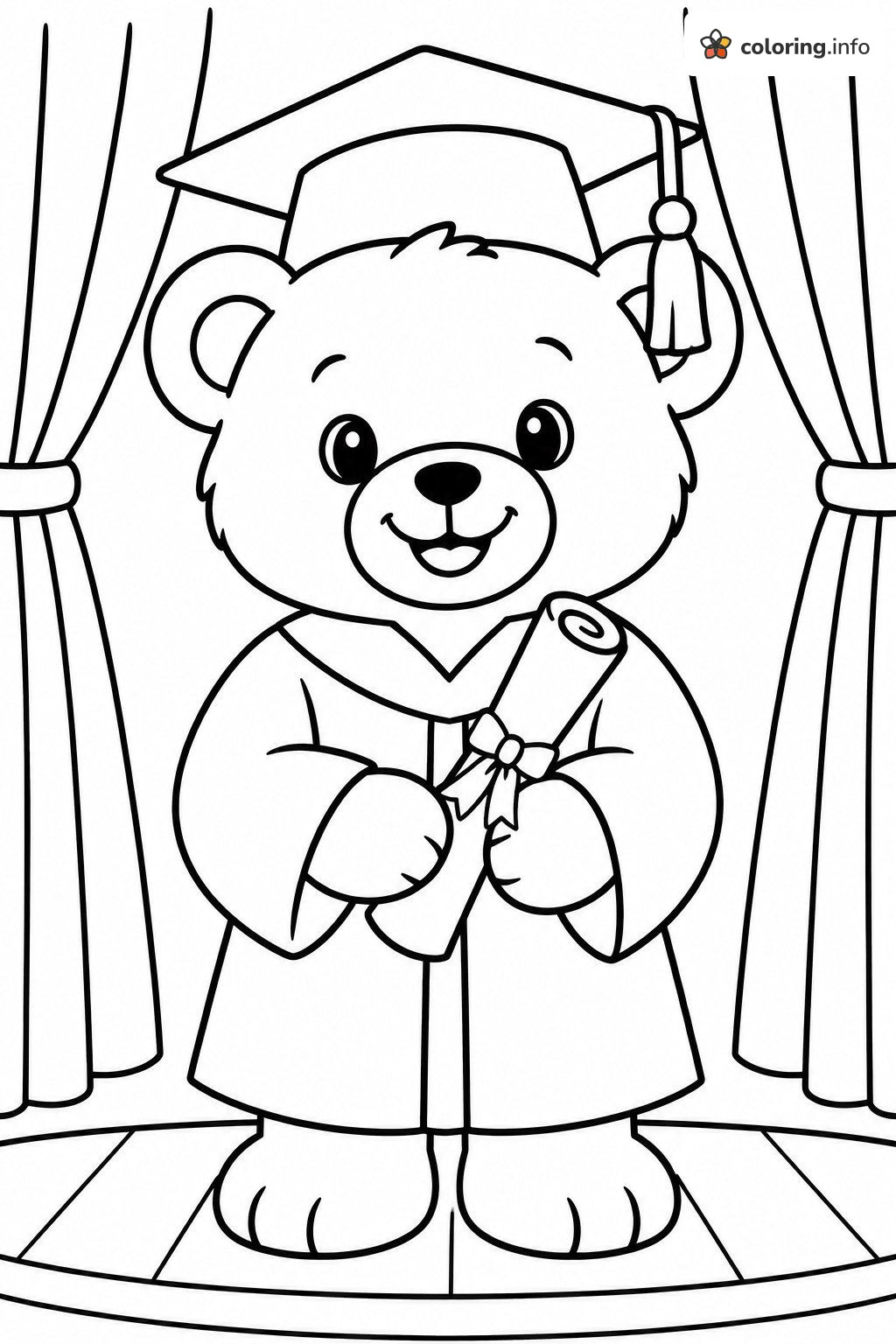Teddy Bear Graduation Day on Stage with Diploma coloring sheet Teddy Bear Graduation Day on Stage with Diploma coloring sheet