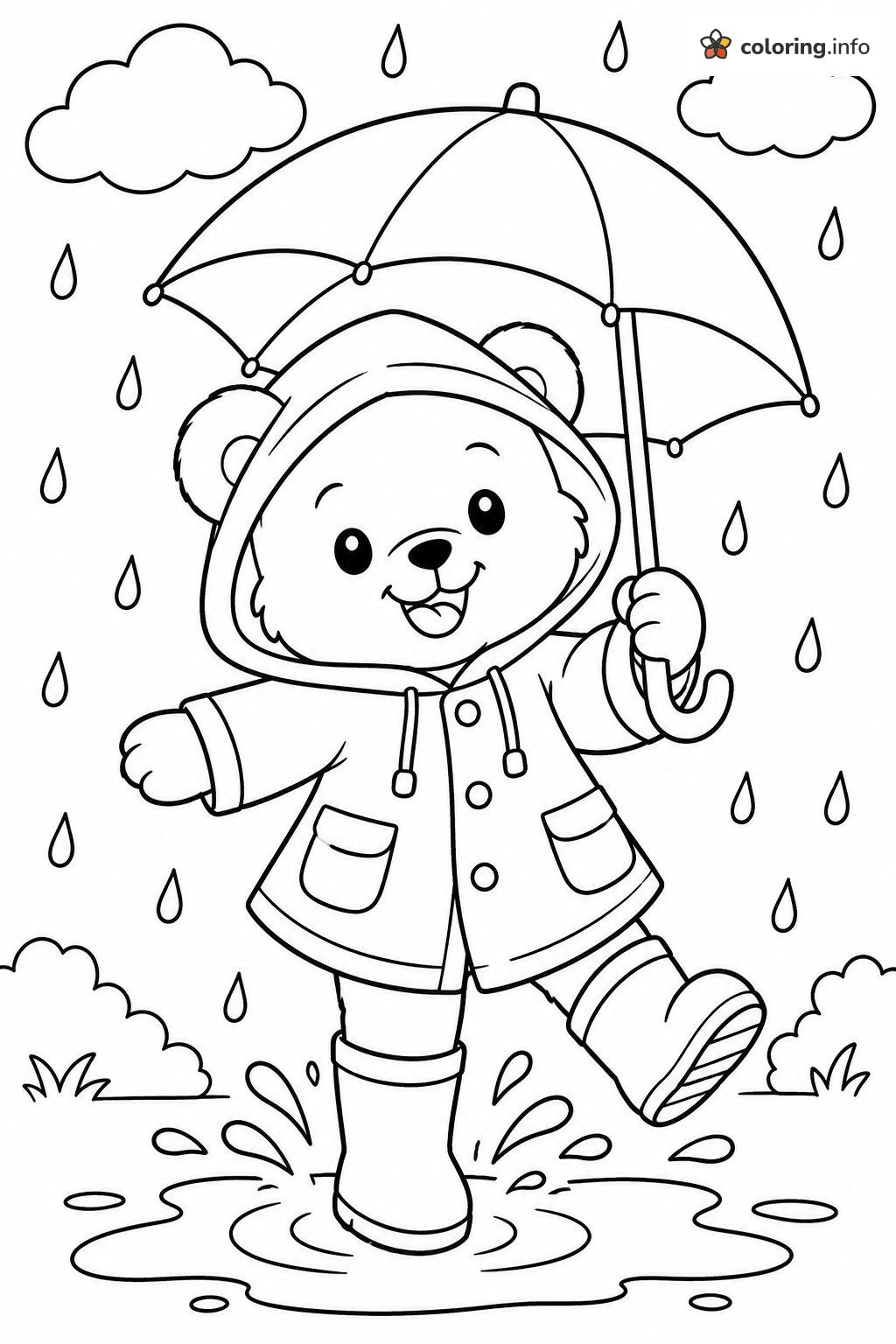 Rainy Day Teddy Bear Splashing in Puddles coloring page Rainy Day Teddy Bear Splashing in Puddles coloring page