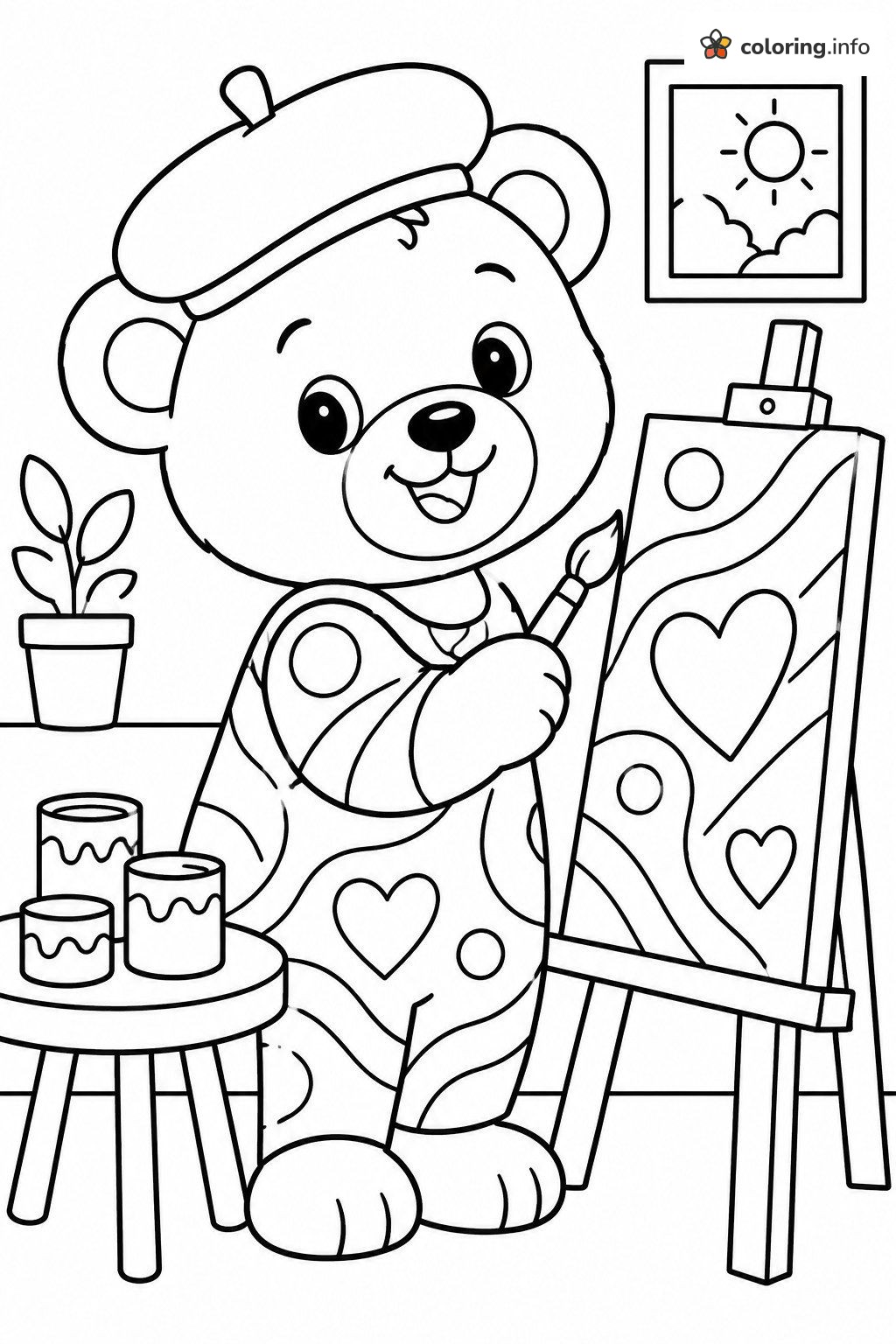 Teddy Bear Artist at the Easel, Romero Britto Style coloring page Teddy Bear Artist at the Easel, Romero Britto Style coloring page