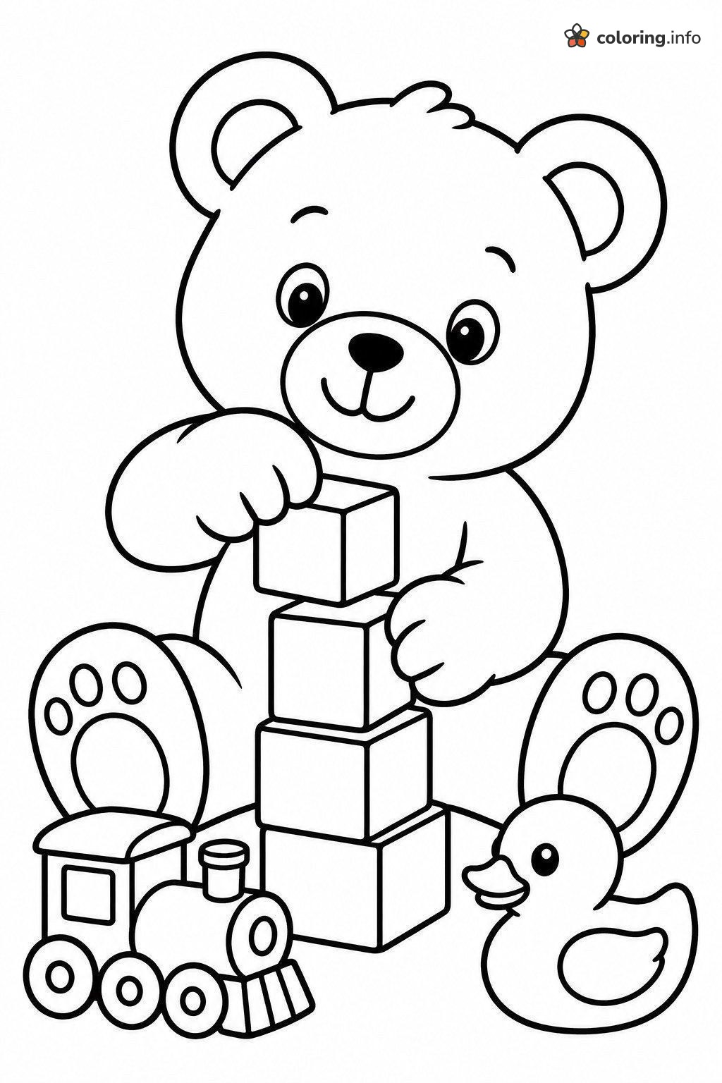 Block Tower Fun with Teddy Bears, a Toy Train and a Duck printable coloring page Block Tower Fun with Teddy Bears, a Toy Train and a Duck printable coloring page