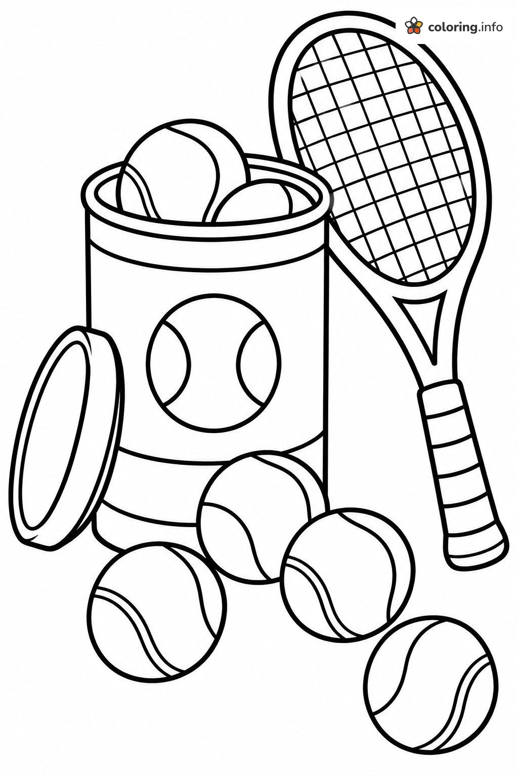 Open Can of Tennis Balls with a Racket coloring page Open Can of Tennis Balls with a Racket coloring page