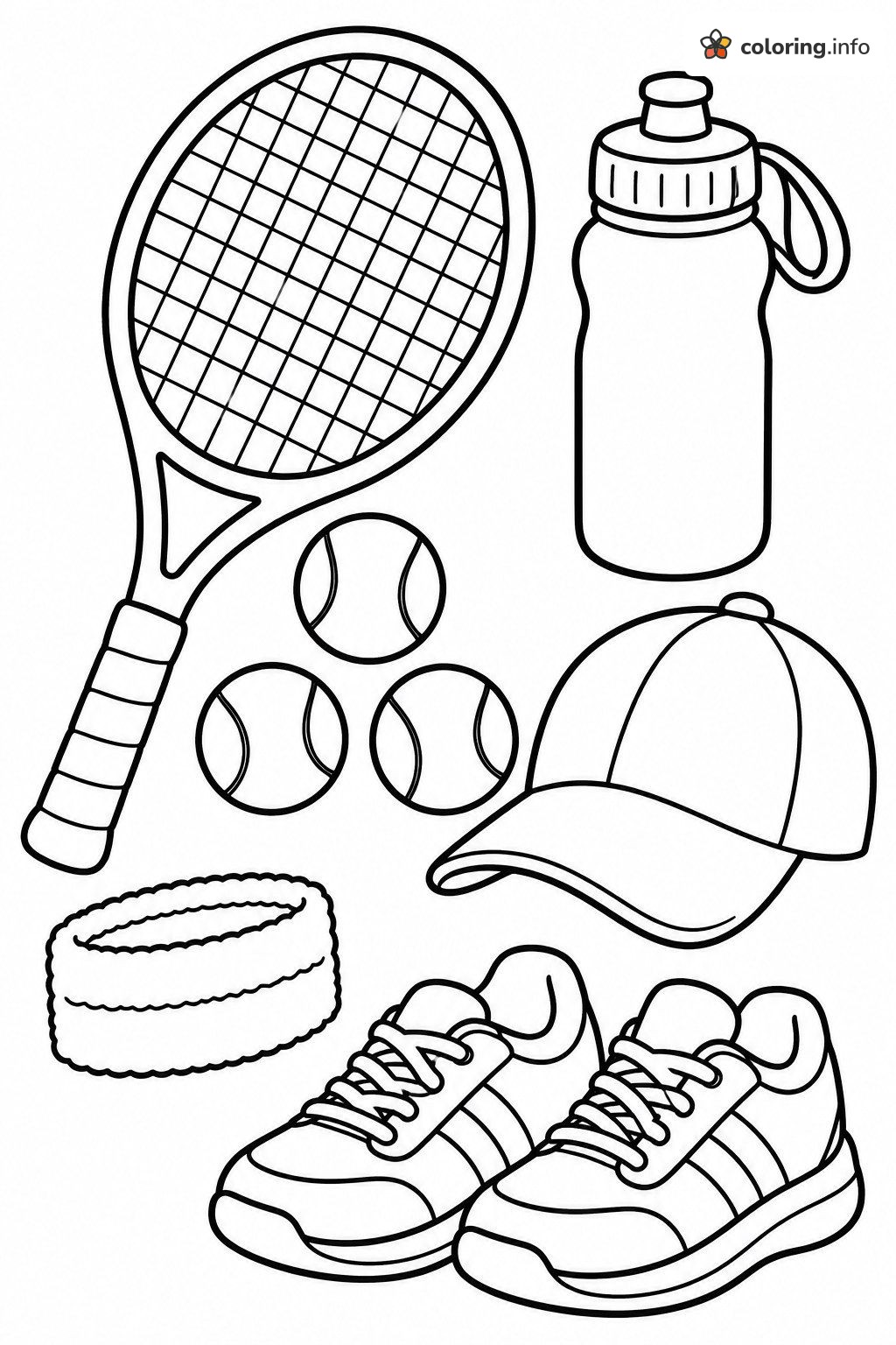 Racket, Balls, Cap and Shoes for Tennis Day printable coloring page Racket, Balls, Cap and Shoes for Tennis Day printable coloring page