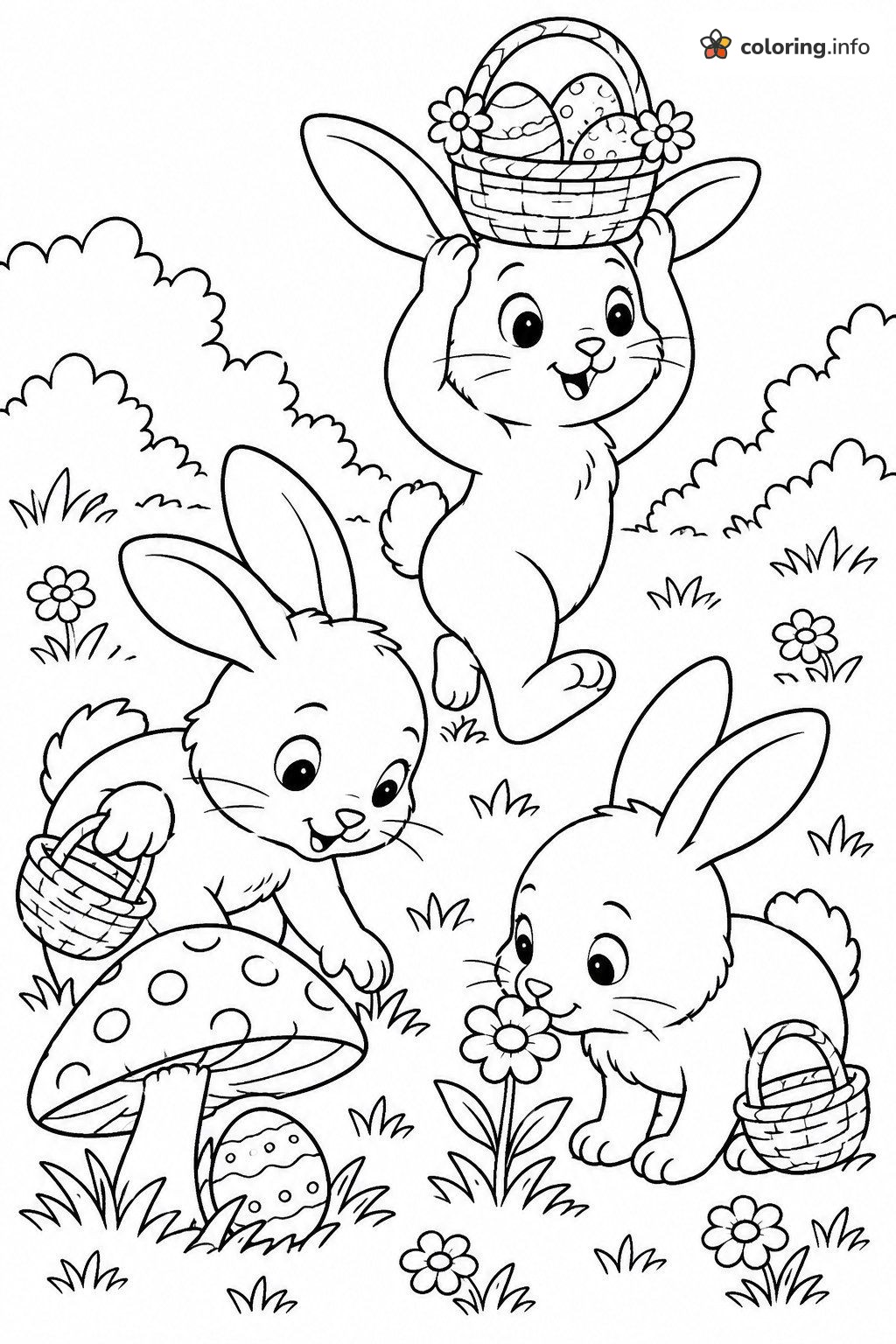 Three Bunnies on an Easter Egg Hunt in the Meadow coloring page Three Bunnies on an Easter Egg Hunt in the Meadow coloring page