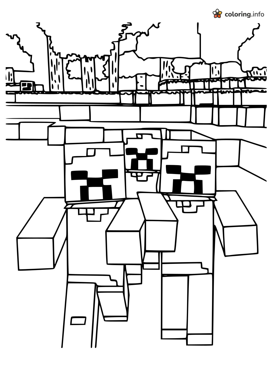Three Creeper-Faced Minecraft Mobs on the March coloring page Three Creeper-Faced Minecraft Mobs on the March coloring page