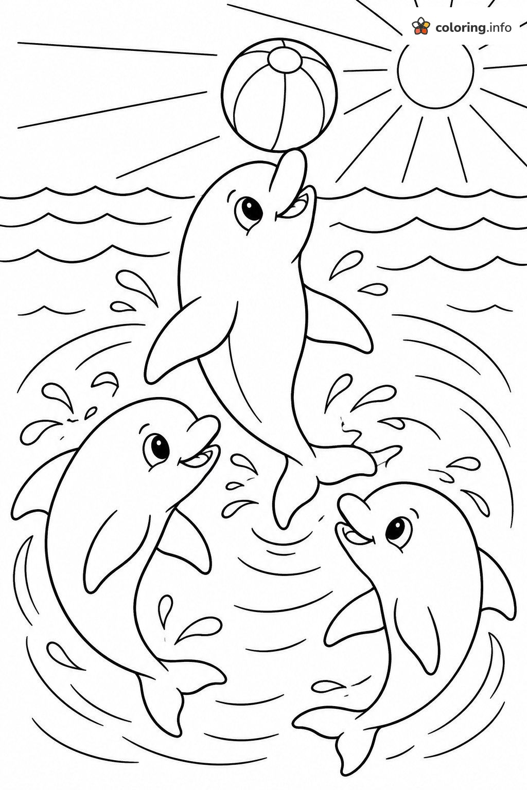 Three Playful Dolphins and a Beach Ball: Sea Animals (General) coloring page Three Playful Dolphins and a Beach Ball: Sea Animals (General) coloring page