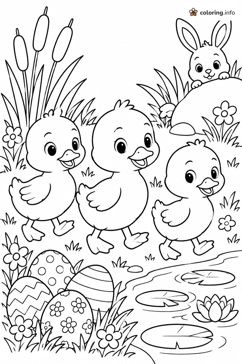 Ducklings and a Peeking Bunny with Easter Eggs printable coloring page Ducklings and a Peeking Bunny with Easter Eggs printable coloring page