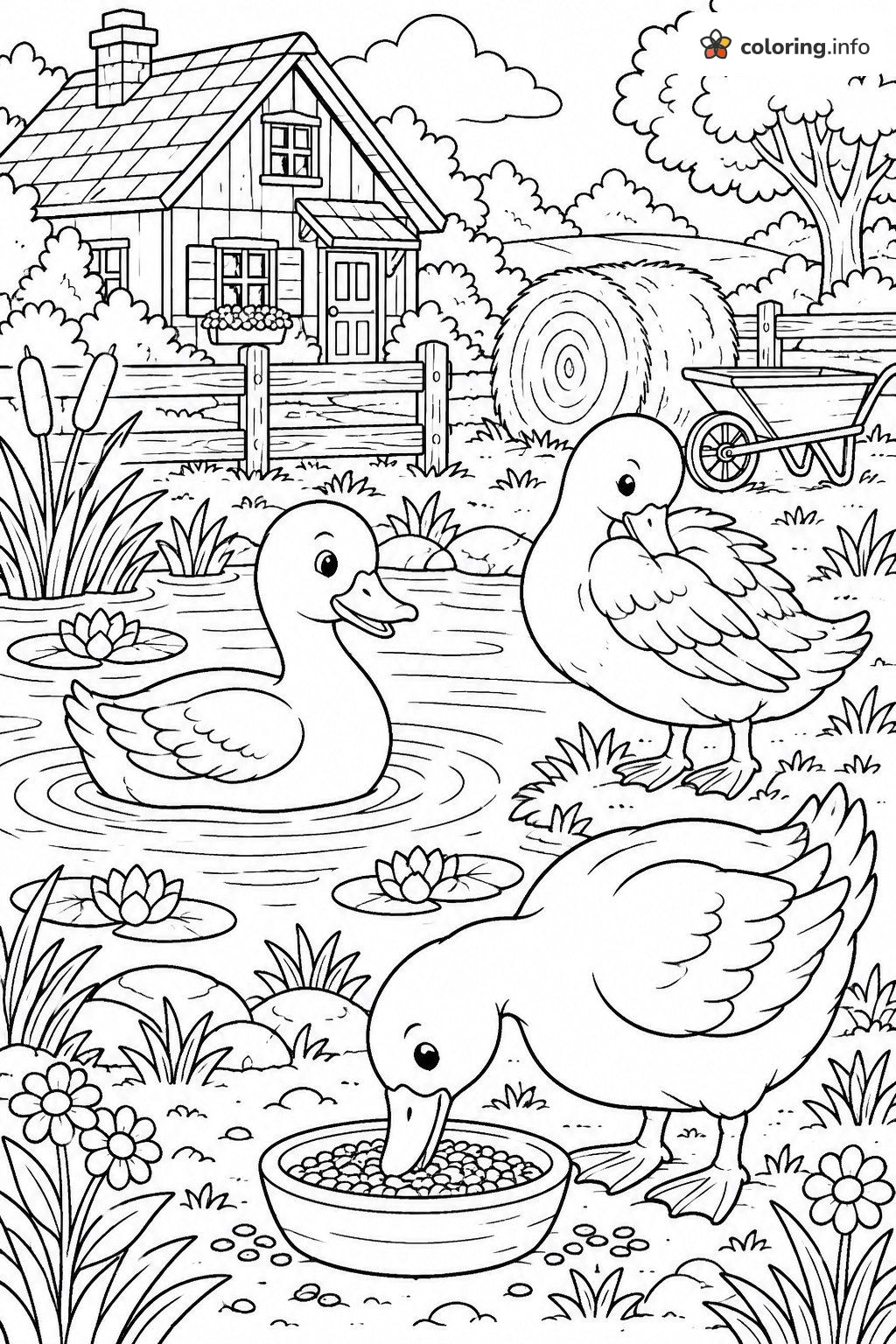 Farm Pond Scene with Three Ducks and a Cottage coloring page Farm Pond Scene with Three Ducks and a Cottage coloring page
