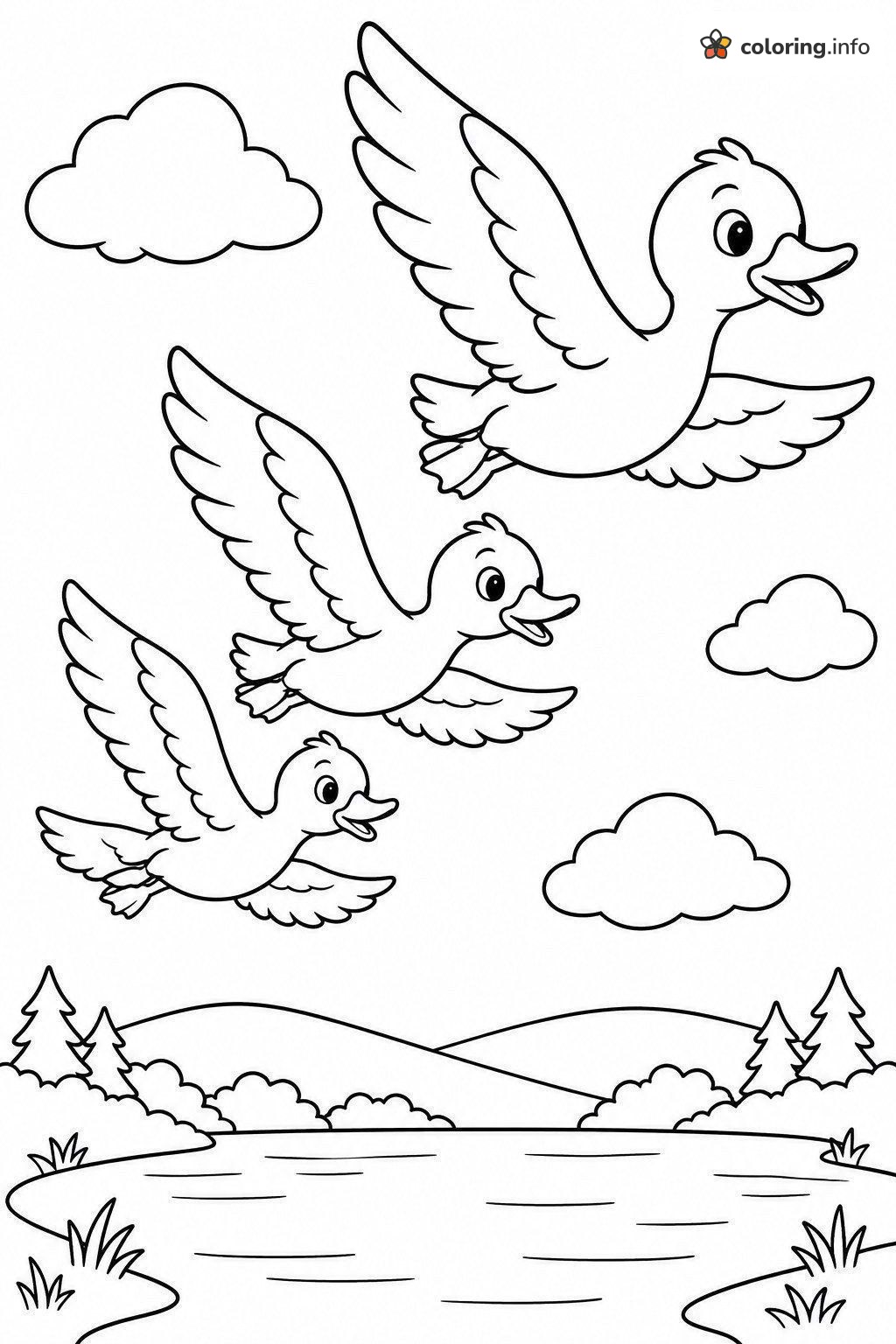 Three Ducks Flying Over the Pond coloring sheet Three Ducks Flying Over the Pond coloring sheet