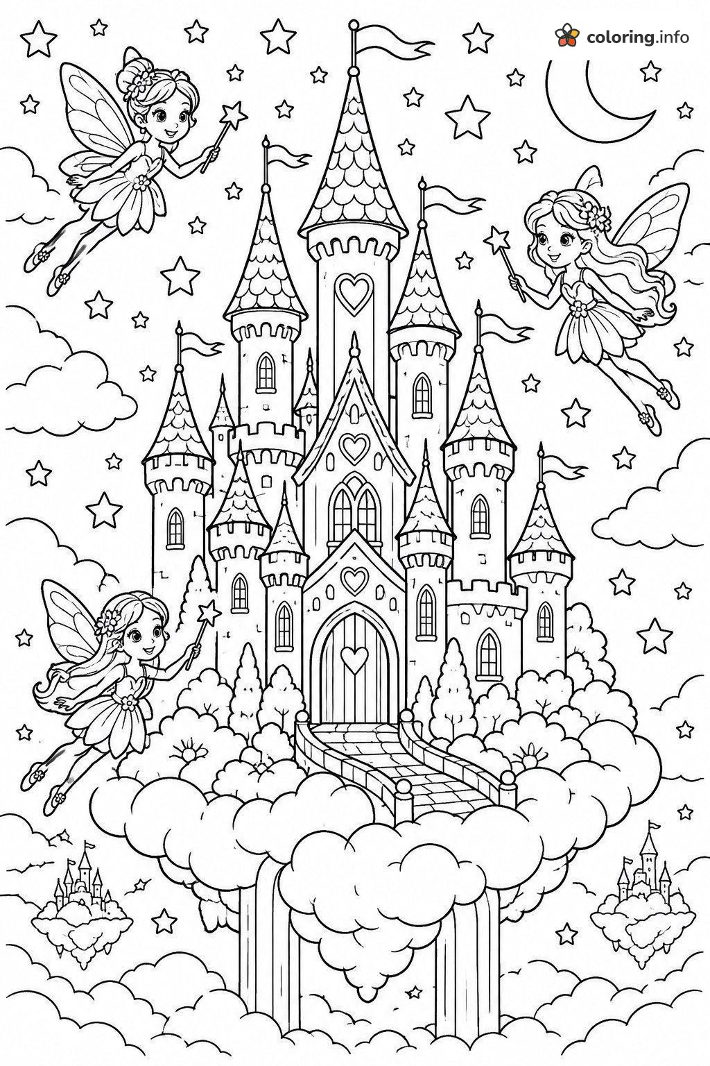 Three Fairies Circling a Heart Castle at Night coloring page Three Fairies Circling a Heart Castle at Night coloring page