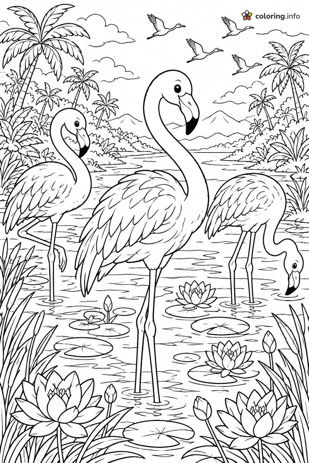 Three Flamingos in a Tropical Lagoon With Water Lilies coloring page Three Flamingos in a Tropical Lagoon With Water Lilies coloring page