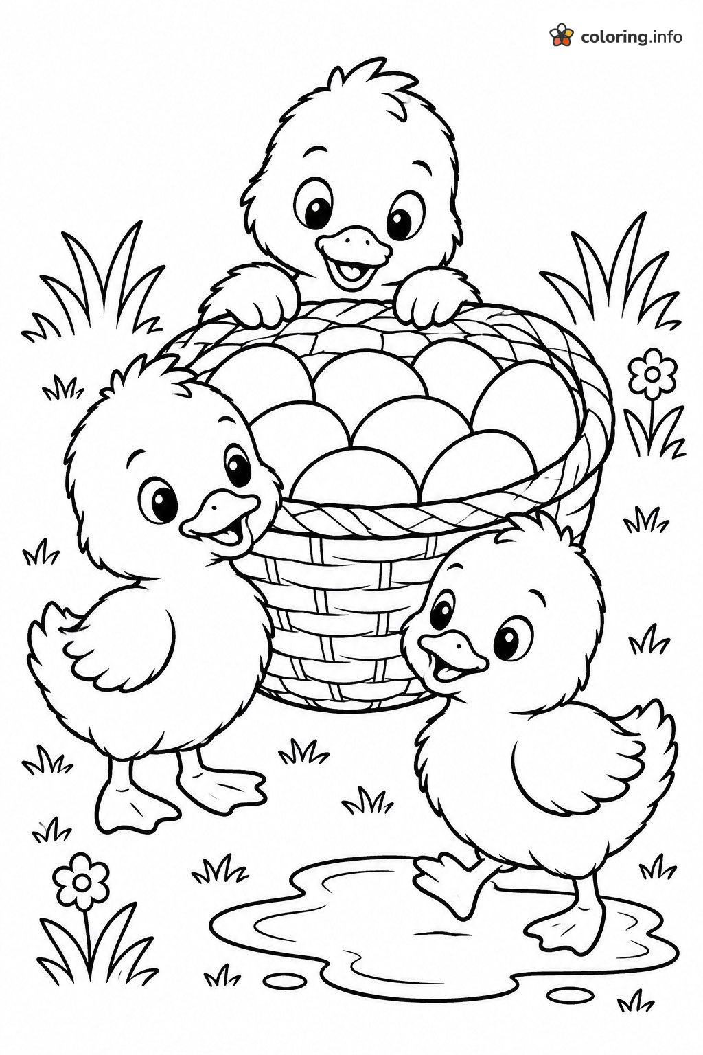 Ducklings Gathered Around an Easter Basket of Eggs coloring page Ducklings Gathered Around an Easter Basket of Eggs coloring page