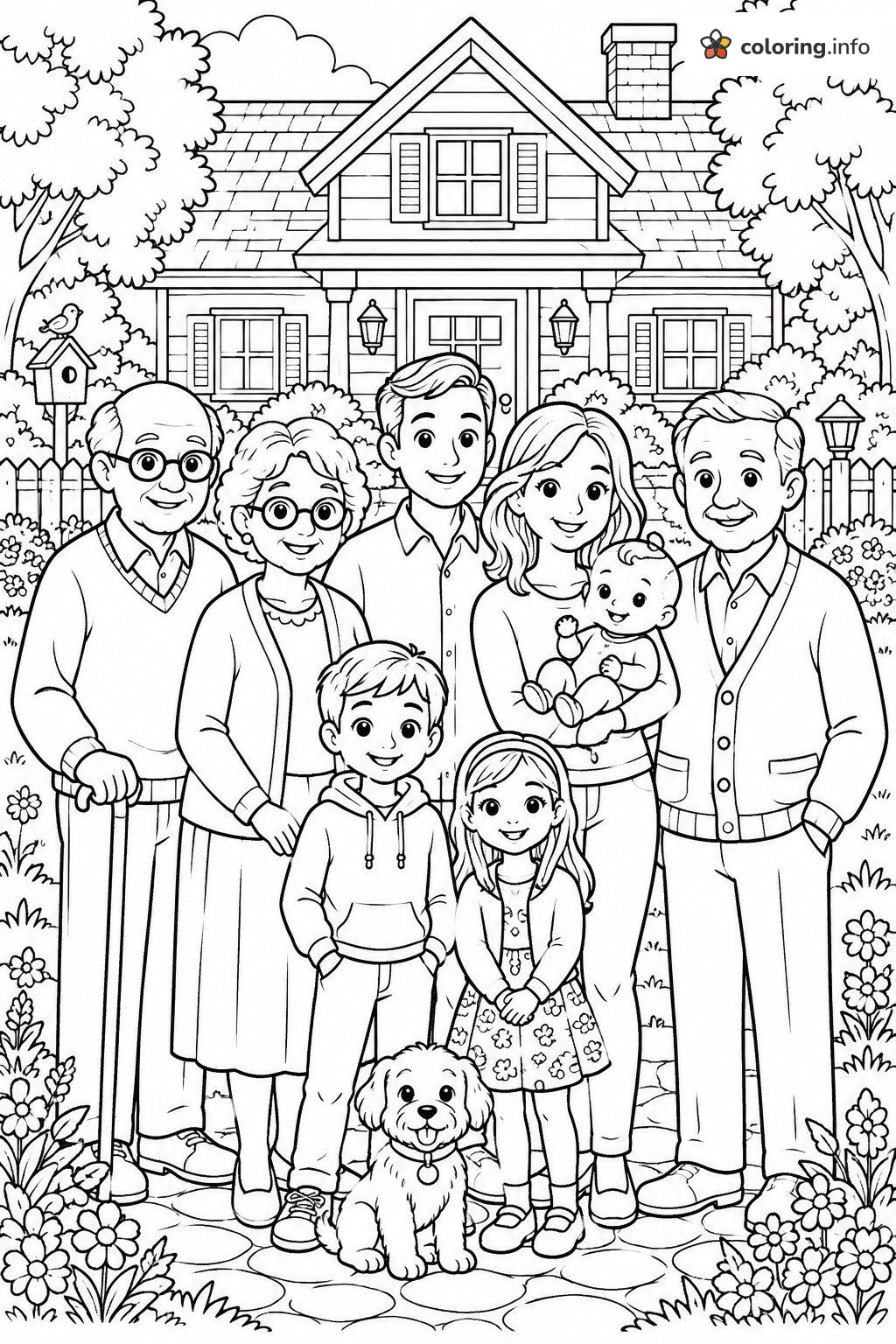 Three Generation Family Portrait in the Front Yard Garden coloring sheet Three Generation Family Portrait in the Front Yard Garden coloring sheet