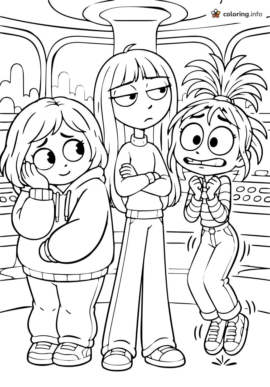 Three Girls, Three Moods: Inside Out Control Room printable coloring page Three Girls, Three Moods: Inside Out Control Room printable coloring page
