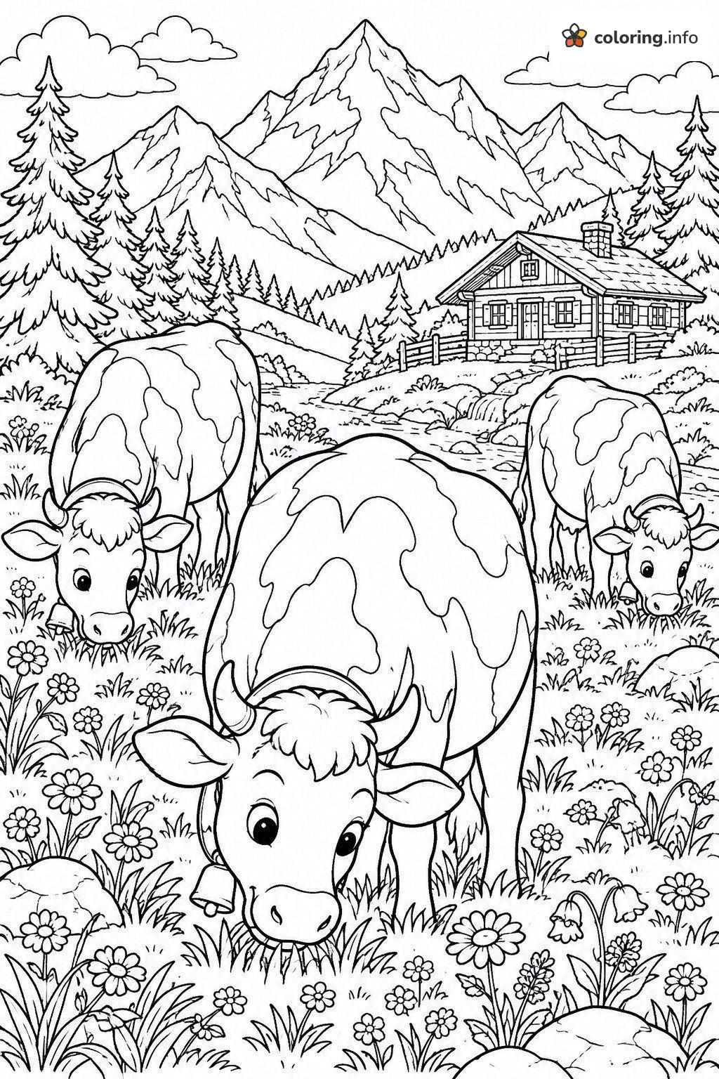 Three Cows Grazing Near a Mountain Chalet coloring page Three Cows Grazing Near a Mountain Chalet coloring page