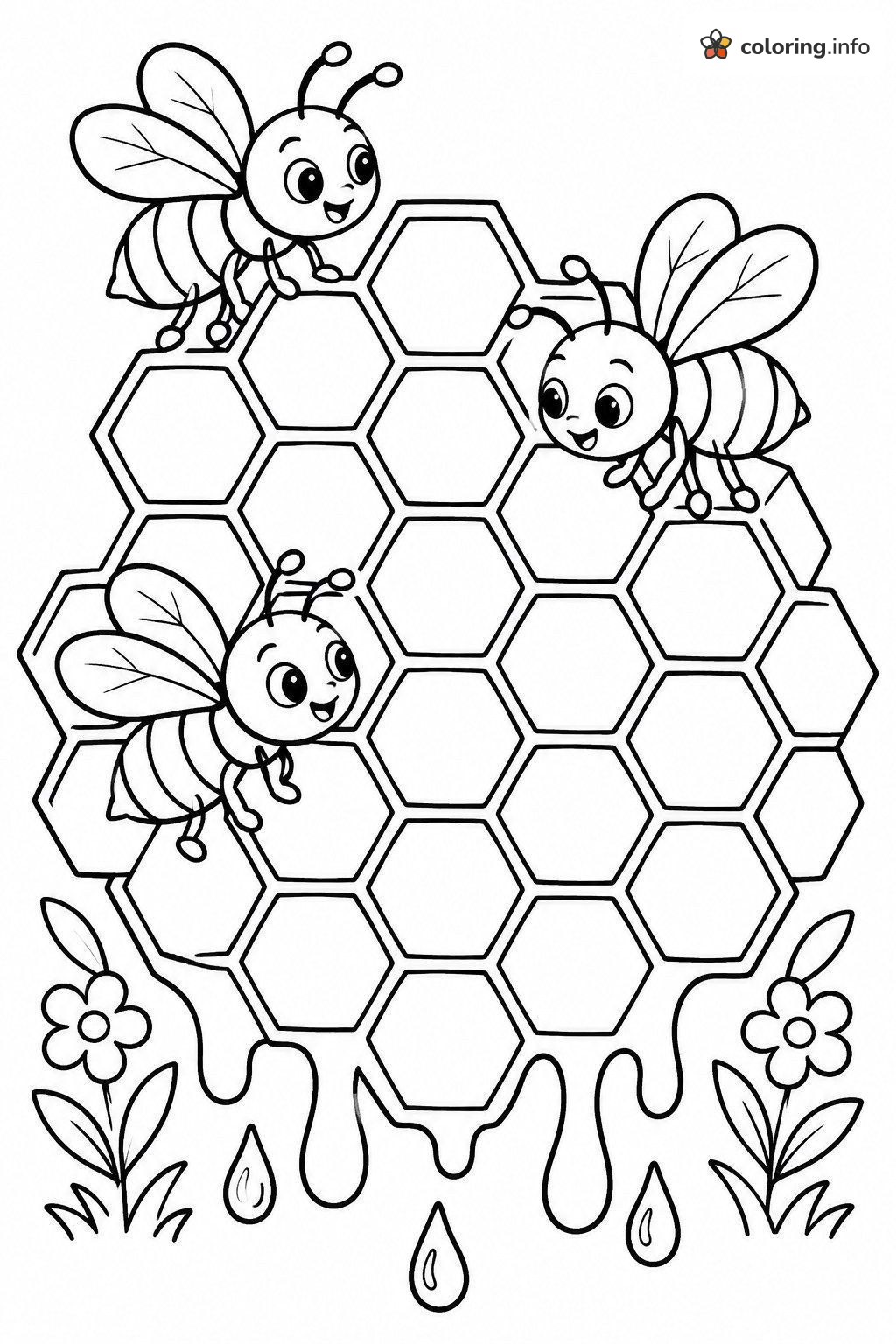 Three Bees Crawling Over Dripping Honeycomb coloring page Three Bees Crawling Over Dripping Honeycomb coloring page