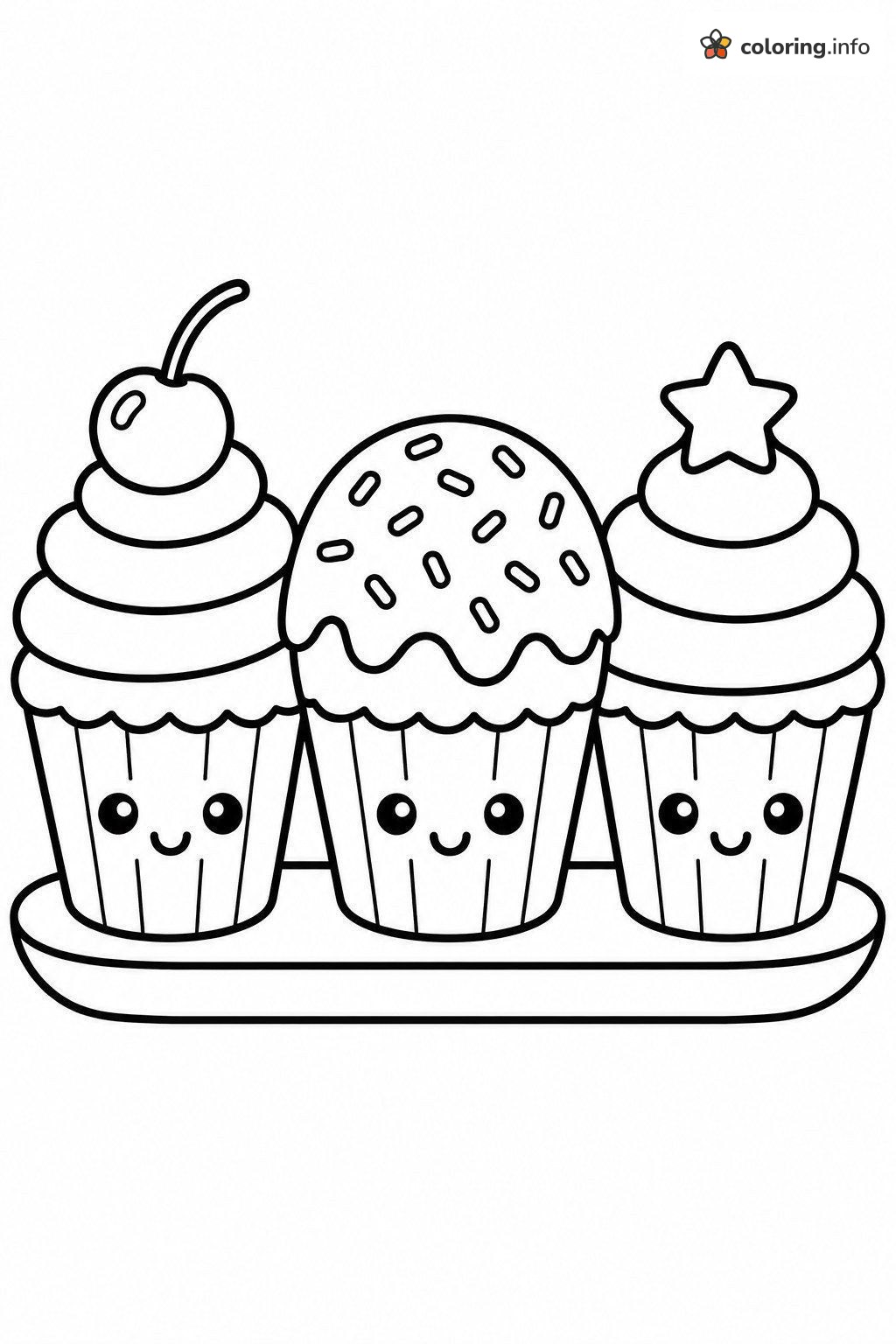 Kawaii Cupcake Trio, Three Tiny Cakes on a Tray coloring page Kawaii Cupcake Trio, Three Tiny Cakes on a Tray coloring page