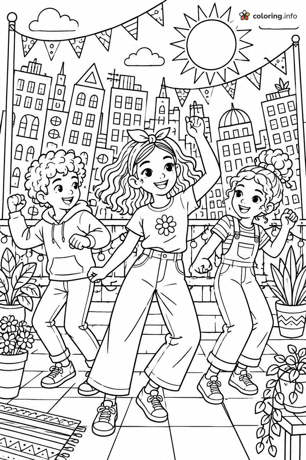 Rooftop Dance Party with Three Kids, Romero Britto Style coloring page Rooftop Dance Party with Three Kids, Romero Britto Style coloring page