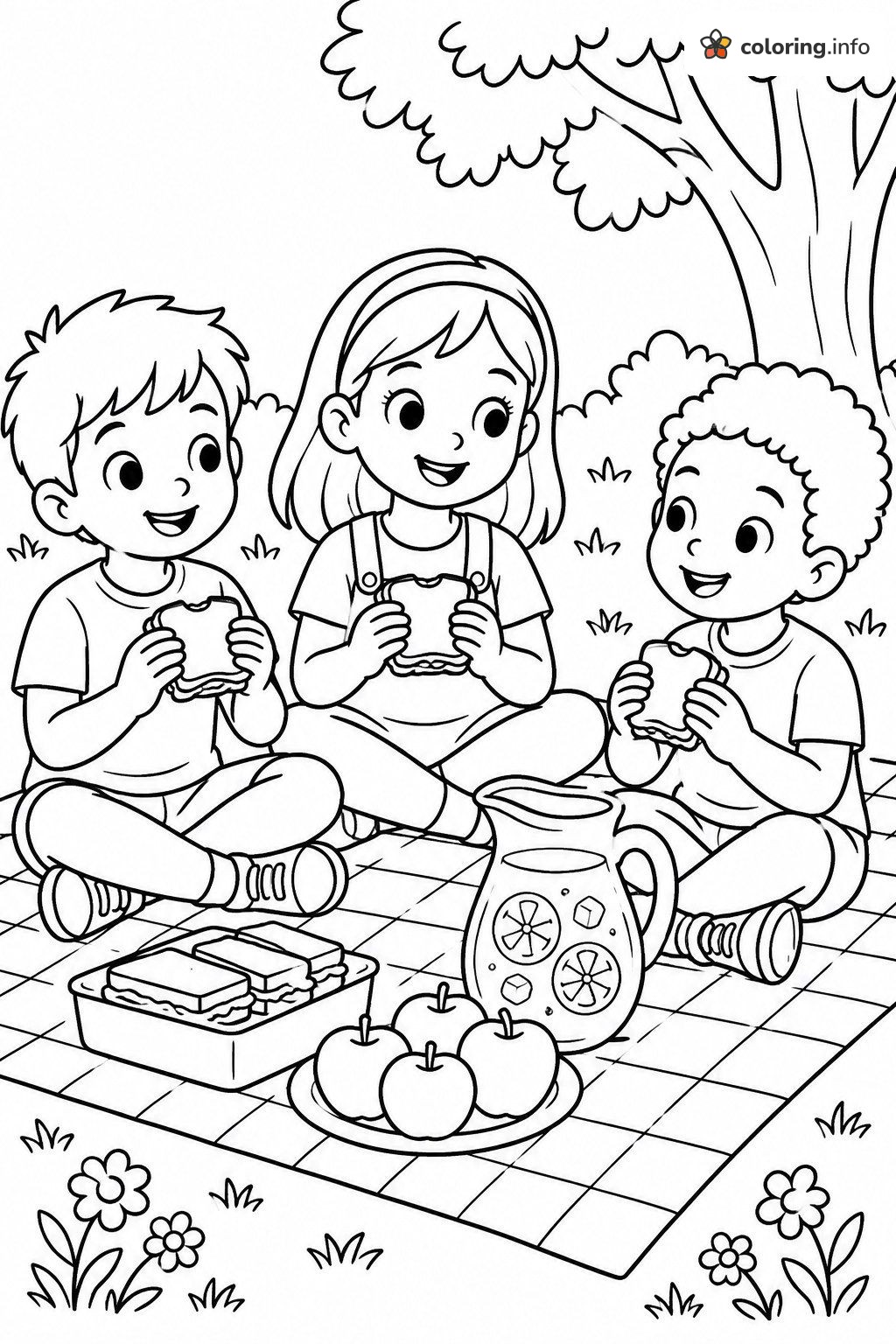 Sharing Sandwiches: Friendship Picnic for Three Kids coloring sheet Sharing Sandwiches: Friendship Picnic for Three Kids coloring sheet