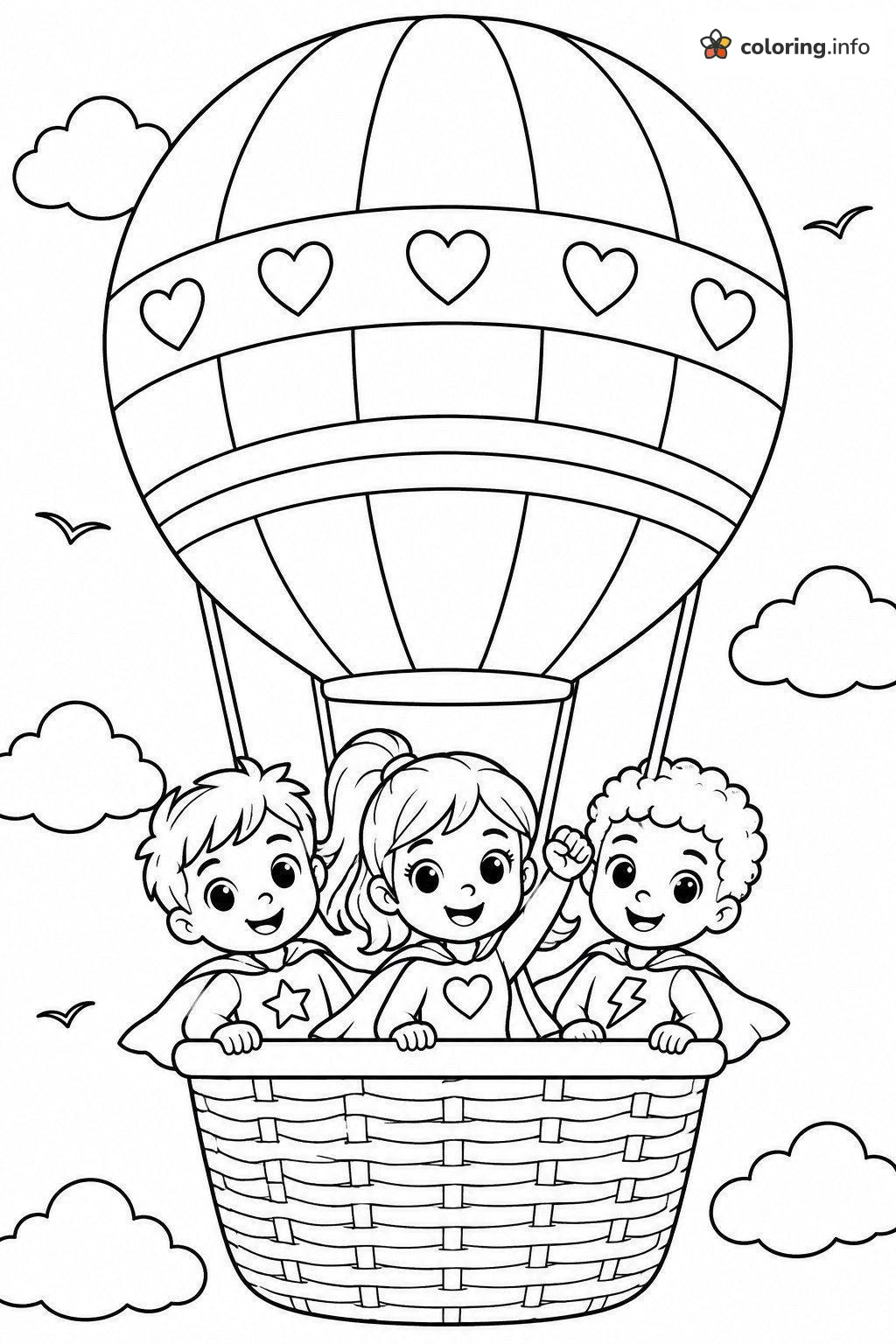 Three Rainbow Rangers Heroes in a Hot Air Balloon coloring page Three Rainbow Rangers Heroes in a Hot Air Balloon coloring page