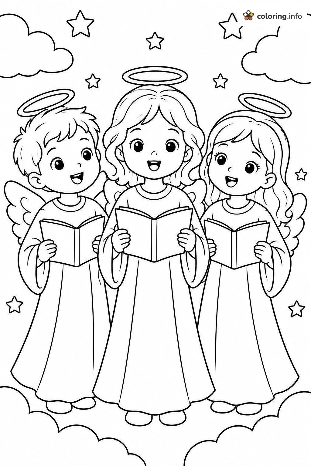 Three Little Angels Singing, a Christmas for Kids Page coloring sheet Three Little Angels Singing, a Christmas for Kids Page coloring sheet