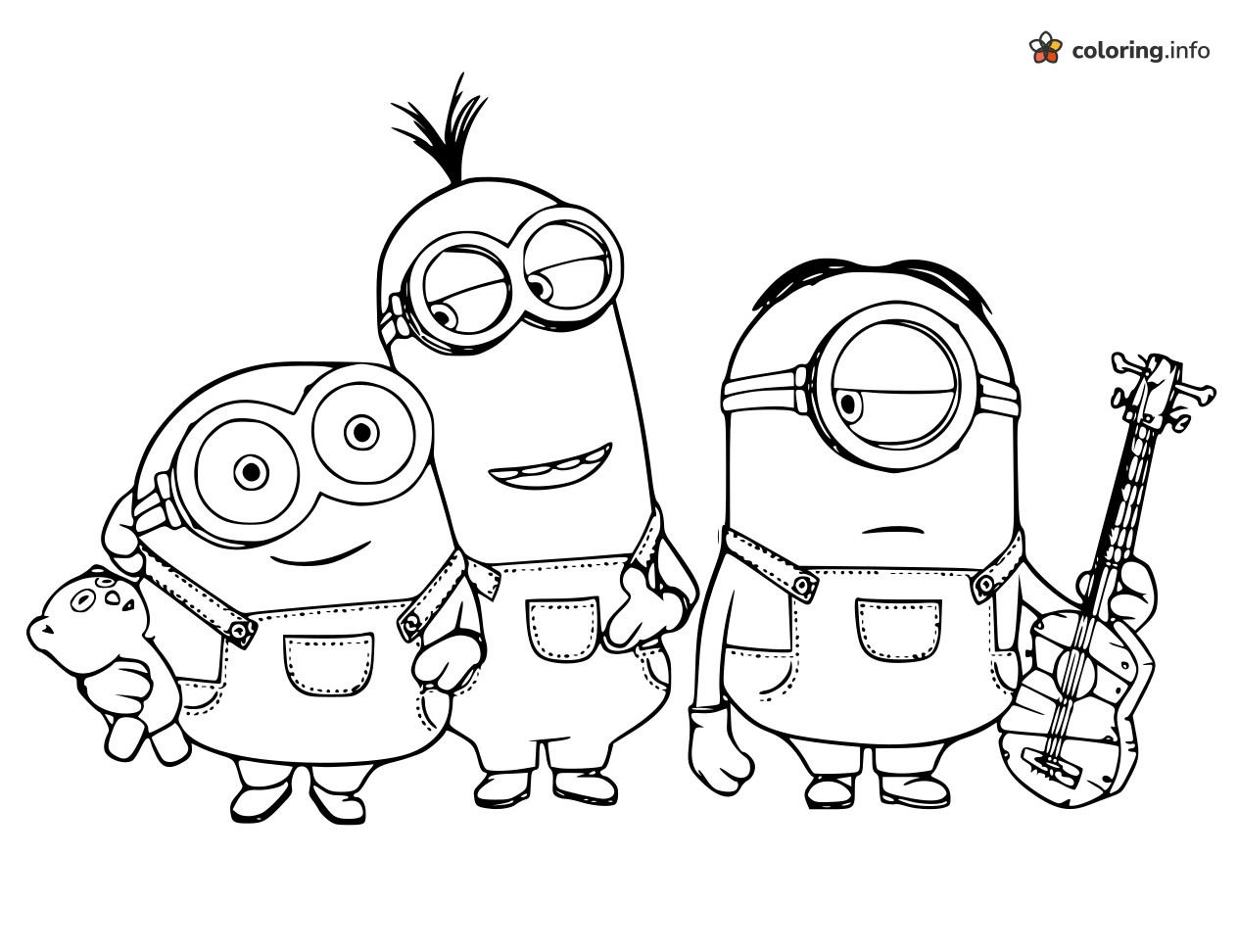 Teddy Bear and Guitar Join Three Different Minions coloring sheet Teddy Bear and Guitar Join Three Different Minions coloring sheet