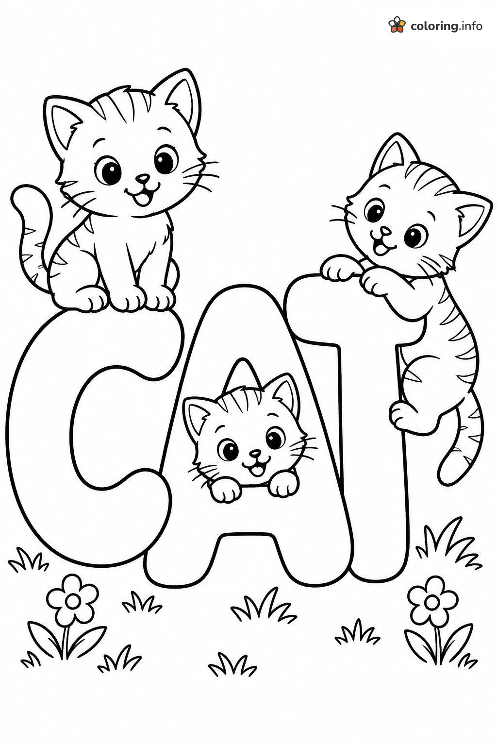 CAT in Bubble Letters With Three Climbing Kittens coloring page CAT in Bubble Letters With Three Climbing Kittens coloring page