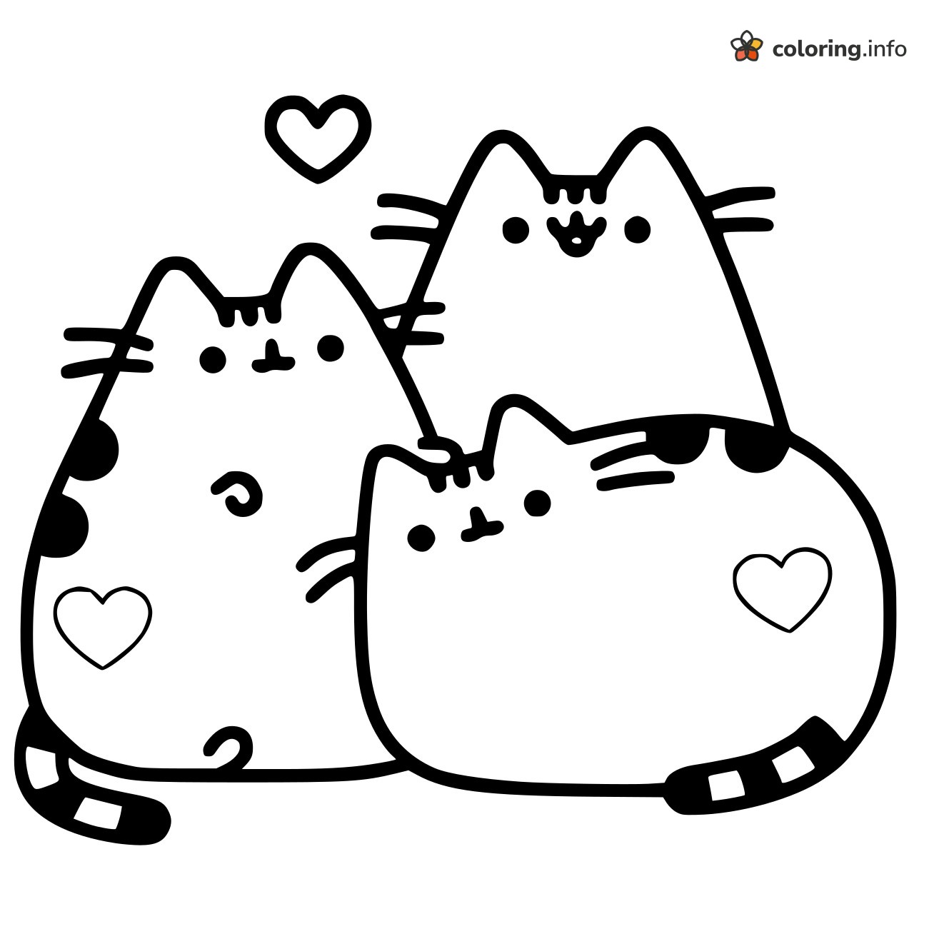 Three Pusheen Cats Snuggling Under a Heart coloring sheet Three Pusheen Cats Snuggling Under a Heart coloring sheet