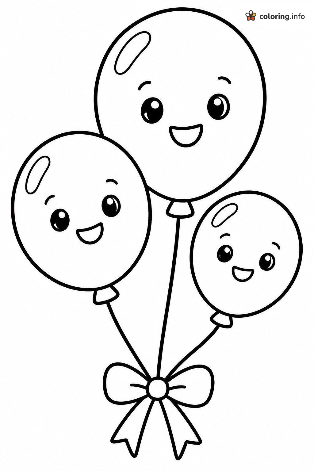 Trio of Happy Balloons Gathered at a Ribbon Bow coloring page Trio of Happy Balloons Gathered at a Ribbon Bow coloring page