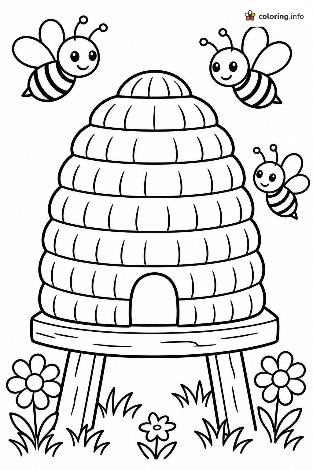 Skep Beehive With Three Buzzing Bees coloring page Skep Beehive With Three Buzzing Bees coloring page