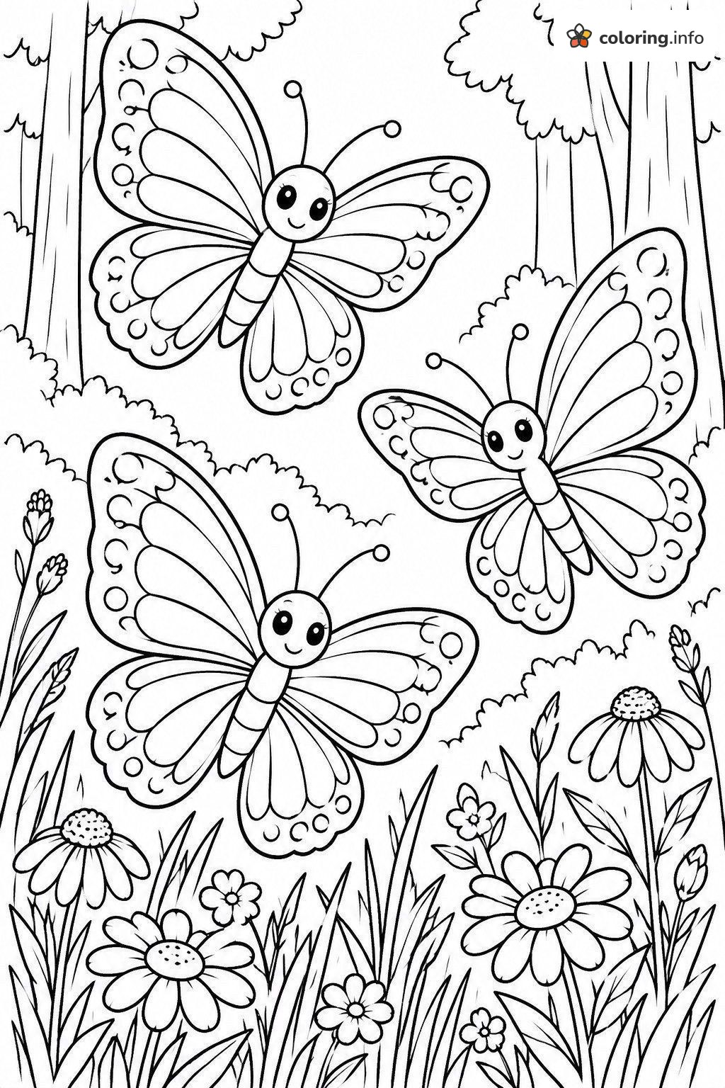 Three Butterflies Fluttering over Flowers in a Forest Glade coloring page Three Butterflies Fluttering over Flowers in a Forest Glade coloring page