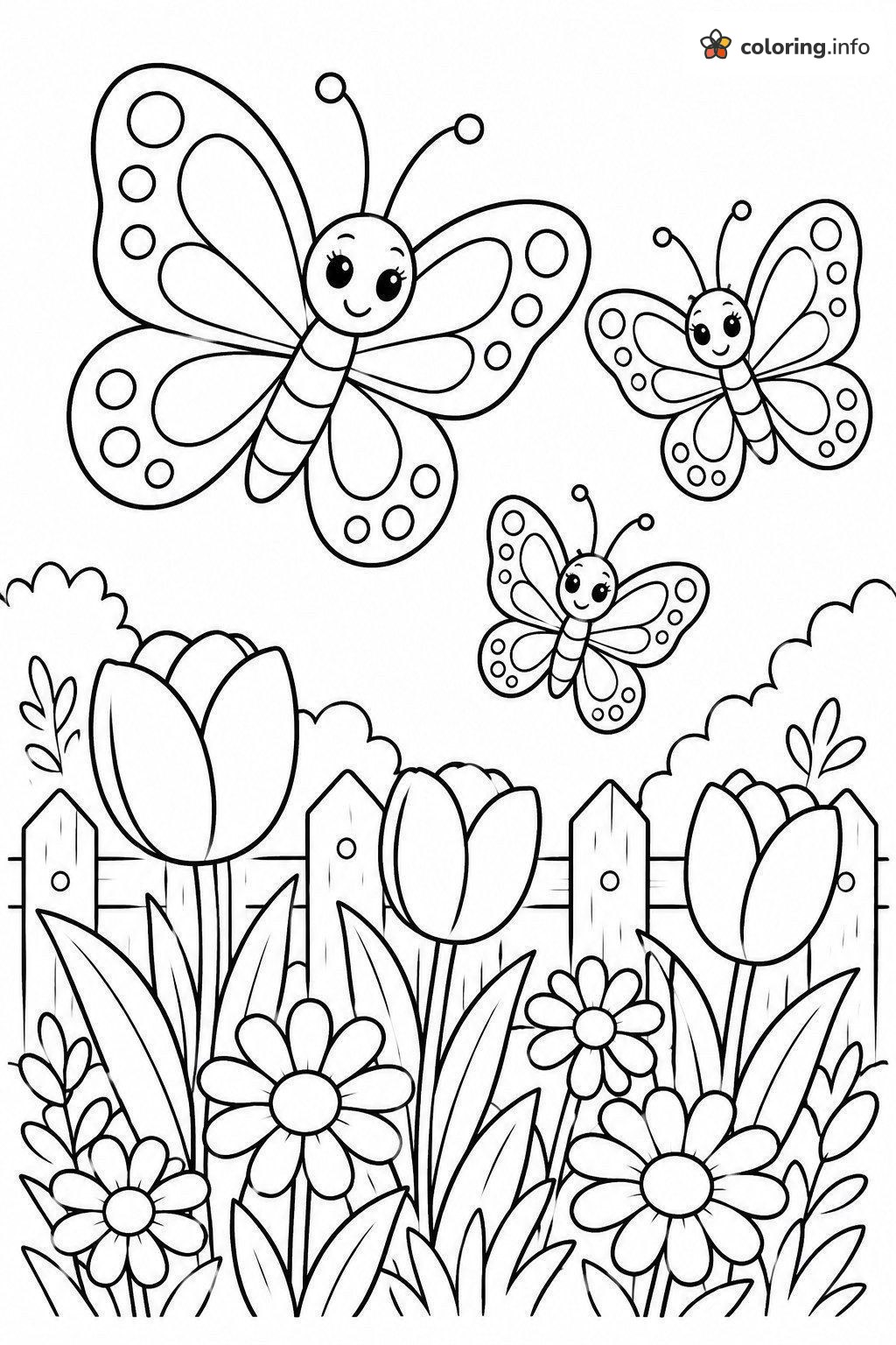 Three Butterflies Fluttering Over a Picket Fence coloring page Three Butterflies Fluttering Over a Picket Fence coloring page