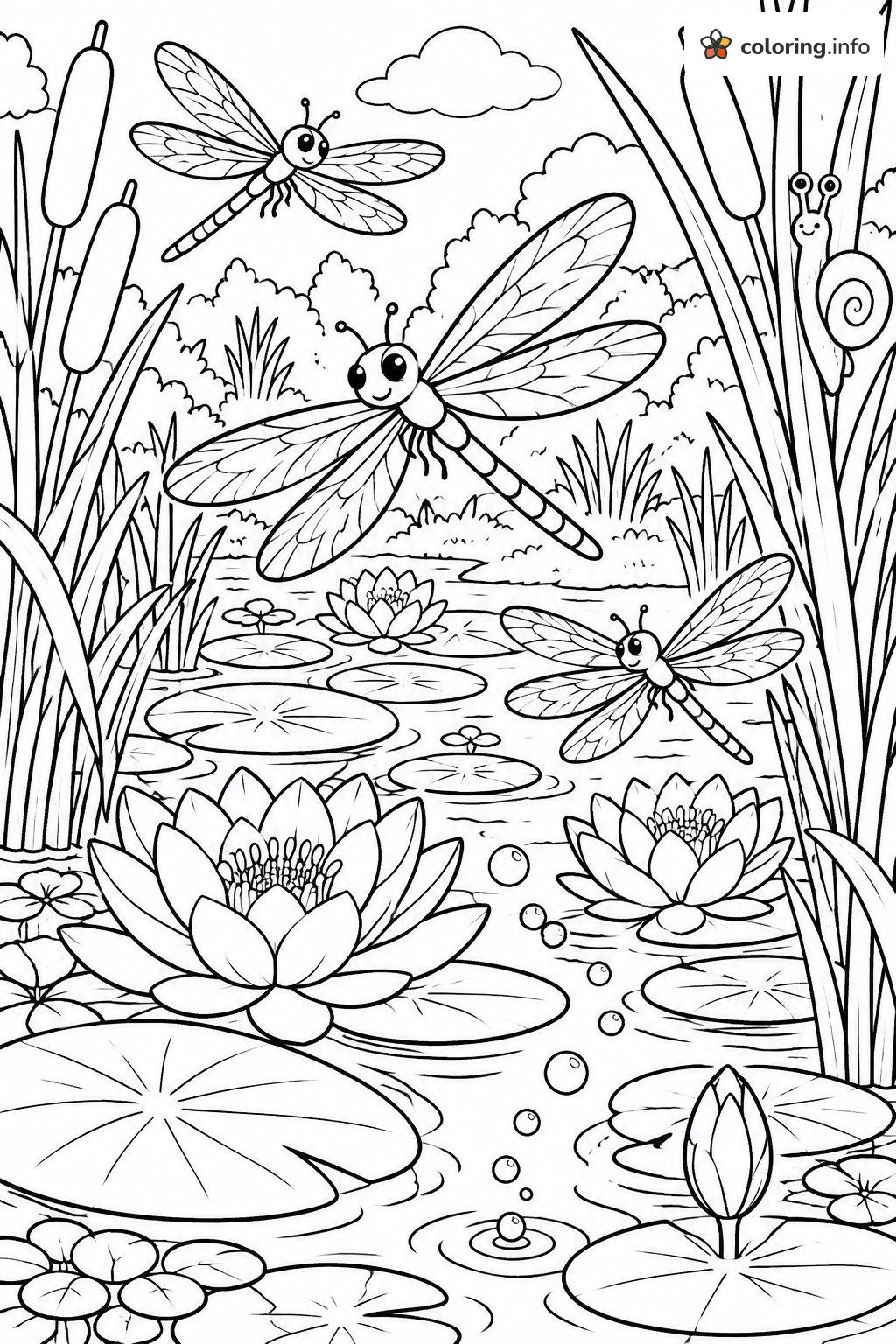 Three Dragonflies Zipping Over a Lily Pond coloring page Three Dragonflies Zipping Over a Lily Pond coloring page