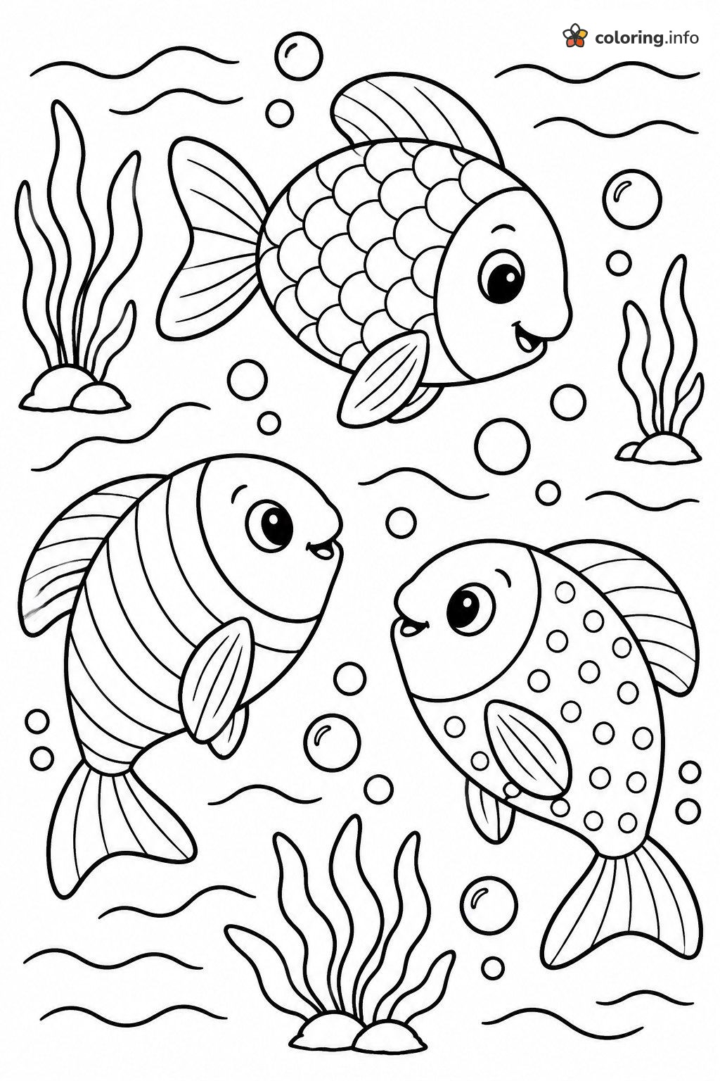 Three Fish Aesthetic Underwater Coloring Page Three Fish Aesthetic Underwater Coloring Page