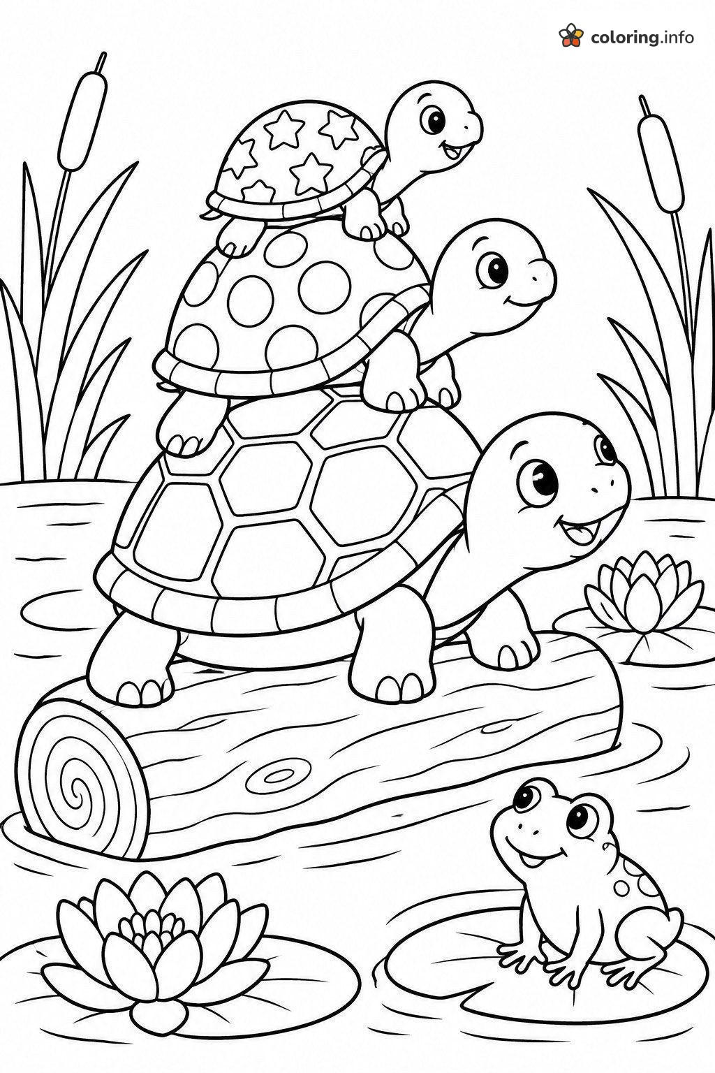 Turtle Tower on a Pond Log, Reptiles Coloring Page Turtle Tower on a Pond Log, Reptiles Coloring Page