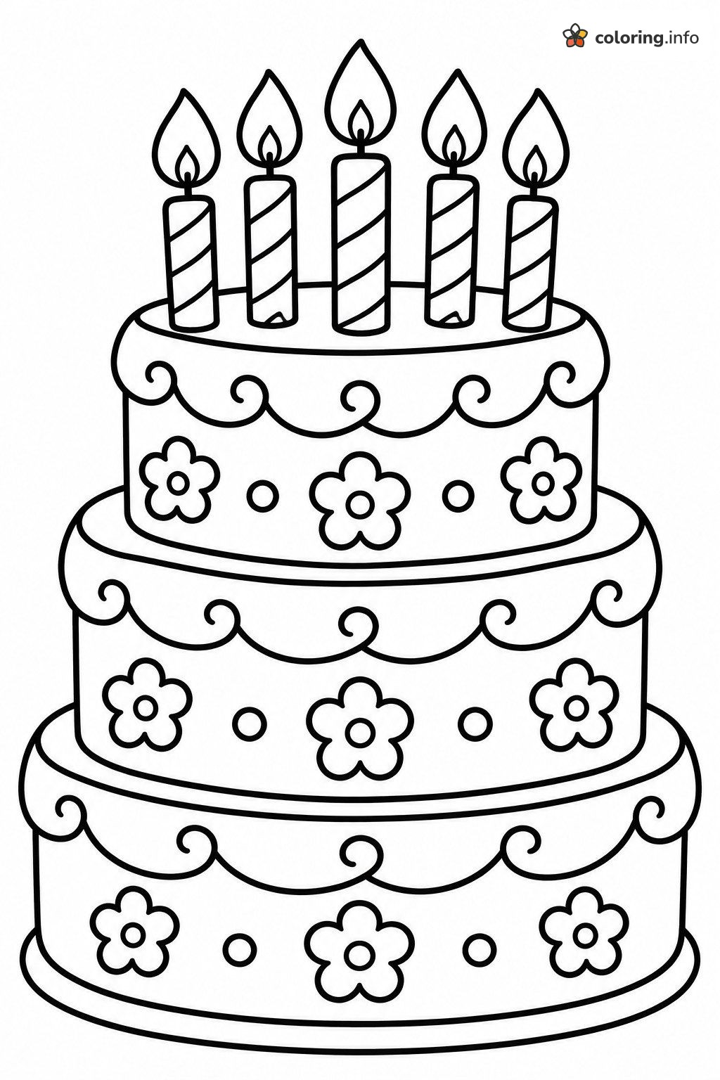 Tall Three-Layer Happy Birthday Cake With Five Candles printable coloring page Tall Three-Layer Happy Birthday Cake With Five Candles printable coloring page
