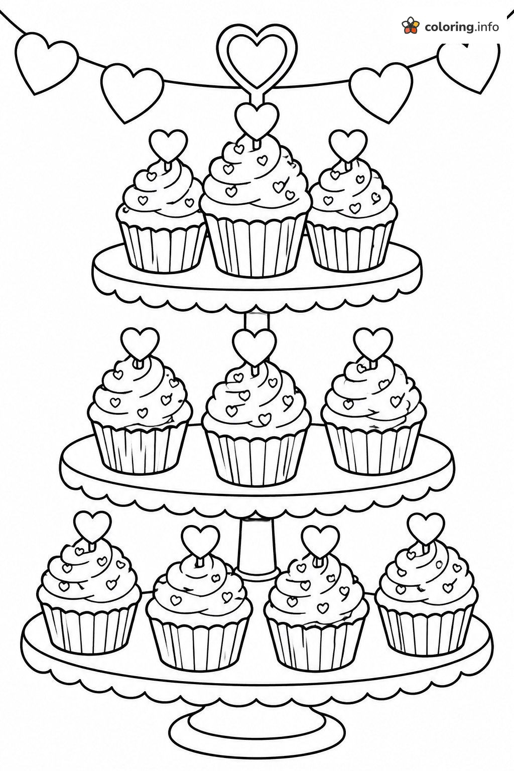 Cupcake Tower Full of Valentine's Day Hearts coloring page Cupcake Tower Full of Valentine's Day Hearts coloring page