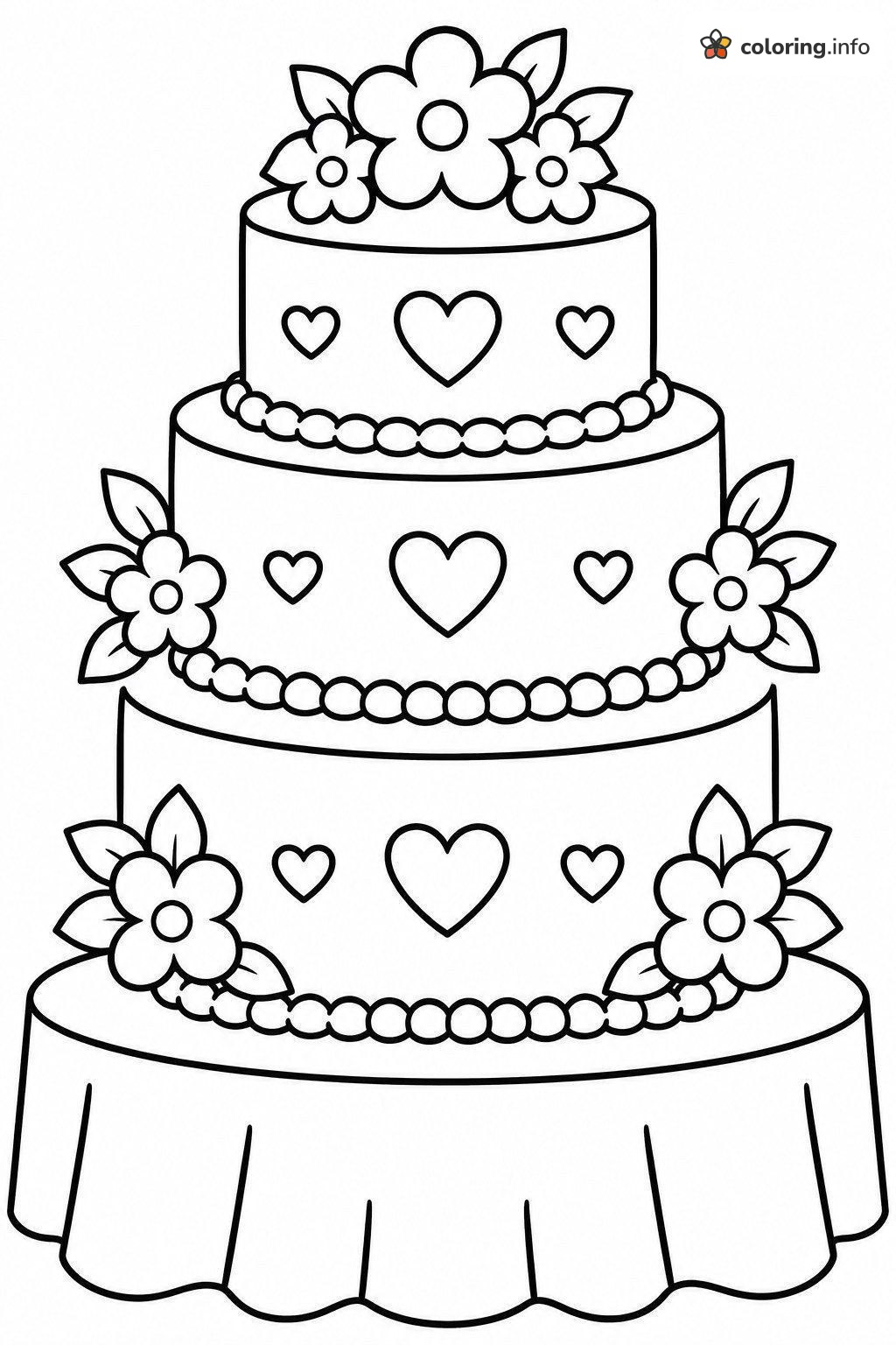 Three-Tier Wedding Cake Page with Hearts and Flowers coloring sheet Three-Tier Wedding Cake Page with Hearts and Flowers coloring sheet