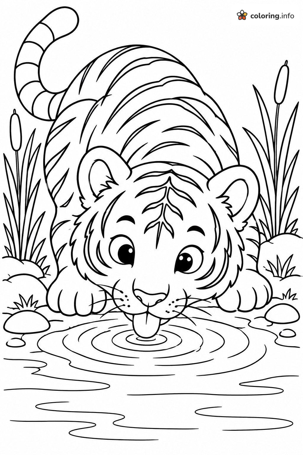 Thirsty Tiger Cub at the Pond's Edge coloring page Thirsty Tiger Cub at the Pond's Edge coloring page