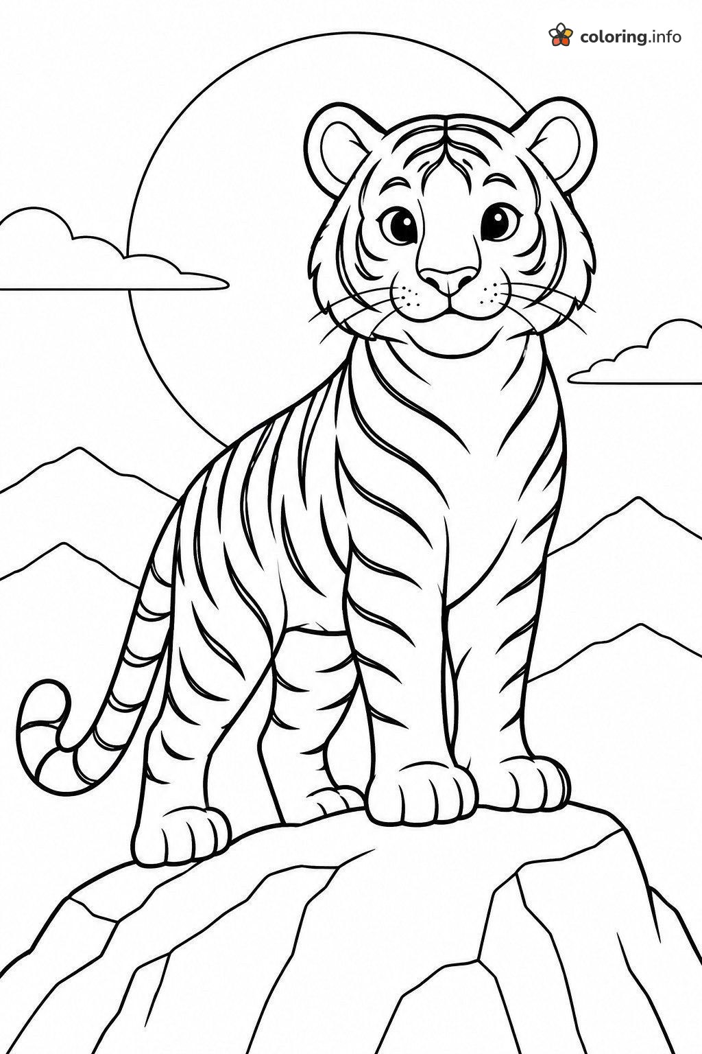 Young Tiger on a Rock With a Big Sun Behind coloring page Young Tiger on a Rock With a Big Sun Behind coloring page
