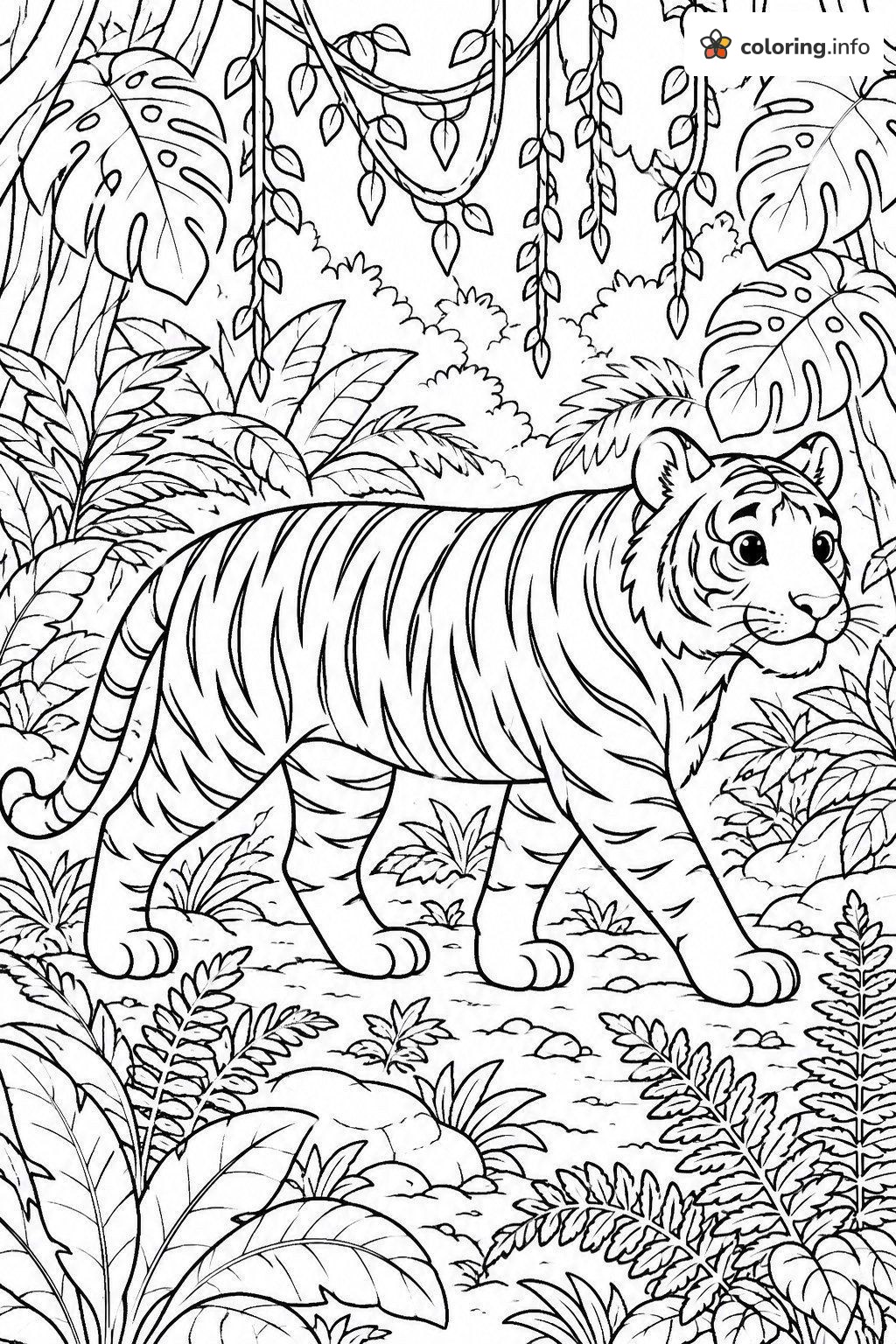 Tiger Strolling Past Ferns and Monstera Leaves coloring sheet Tiger Strolling Past Ferns and Monstera Leaves coloring sheet