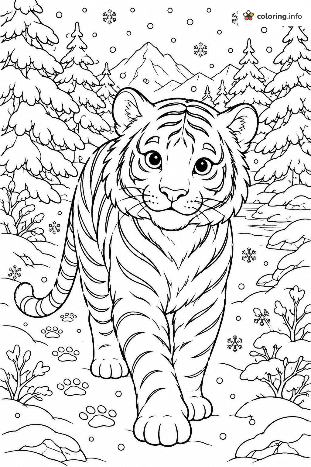 Snowy Forest Walk With a Tiger Leaving Paw Prints coloring page Snowy Forest Walk With a Tiger Leaving Paw Prints coloring page