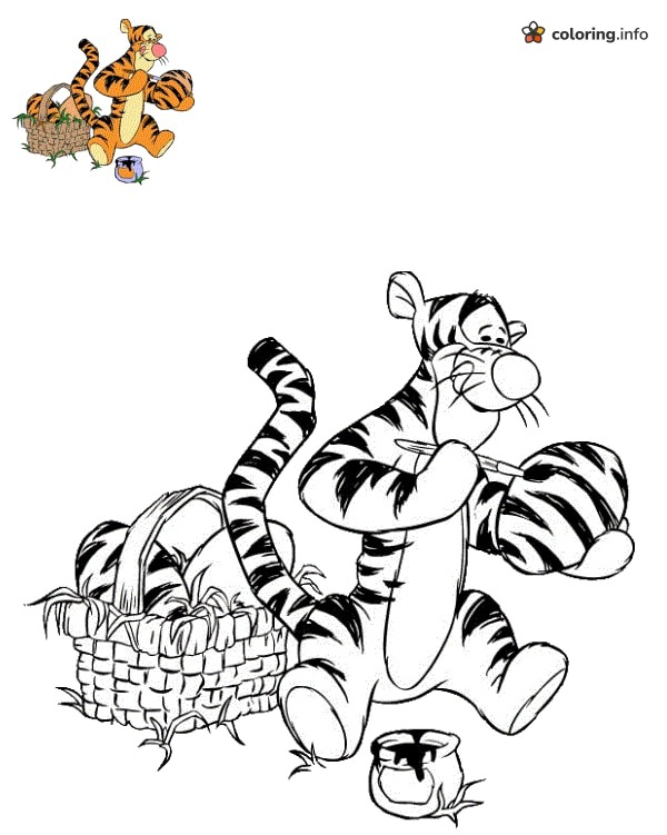 Tigger Paints a Striped Egg: Disney Easter Coloring Page Tigger Paints a Striped Egg: Disney Easter Coloring Page