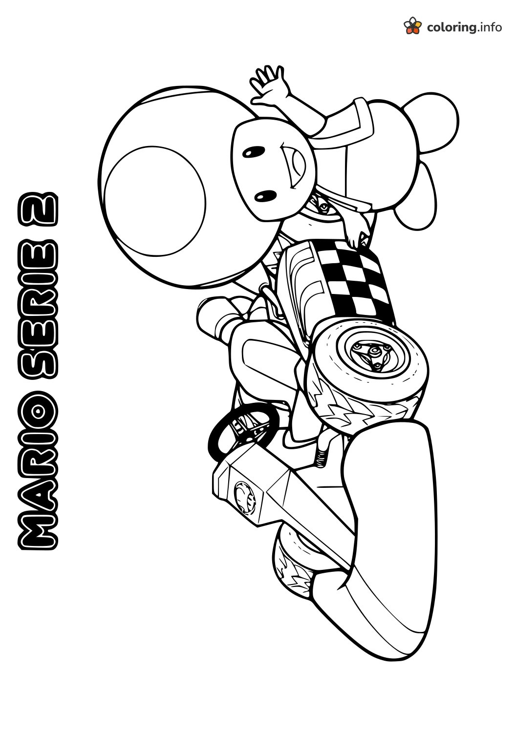 Super Mario Toad Waving From a Checkered Kart coloring page Super Mario Toad Waving From a Checkered Kart coloring page