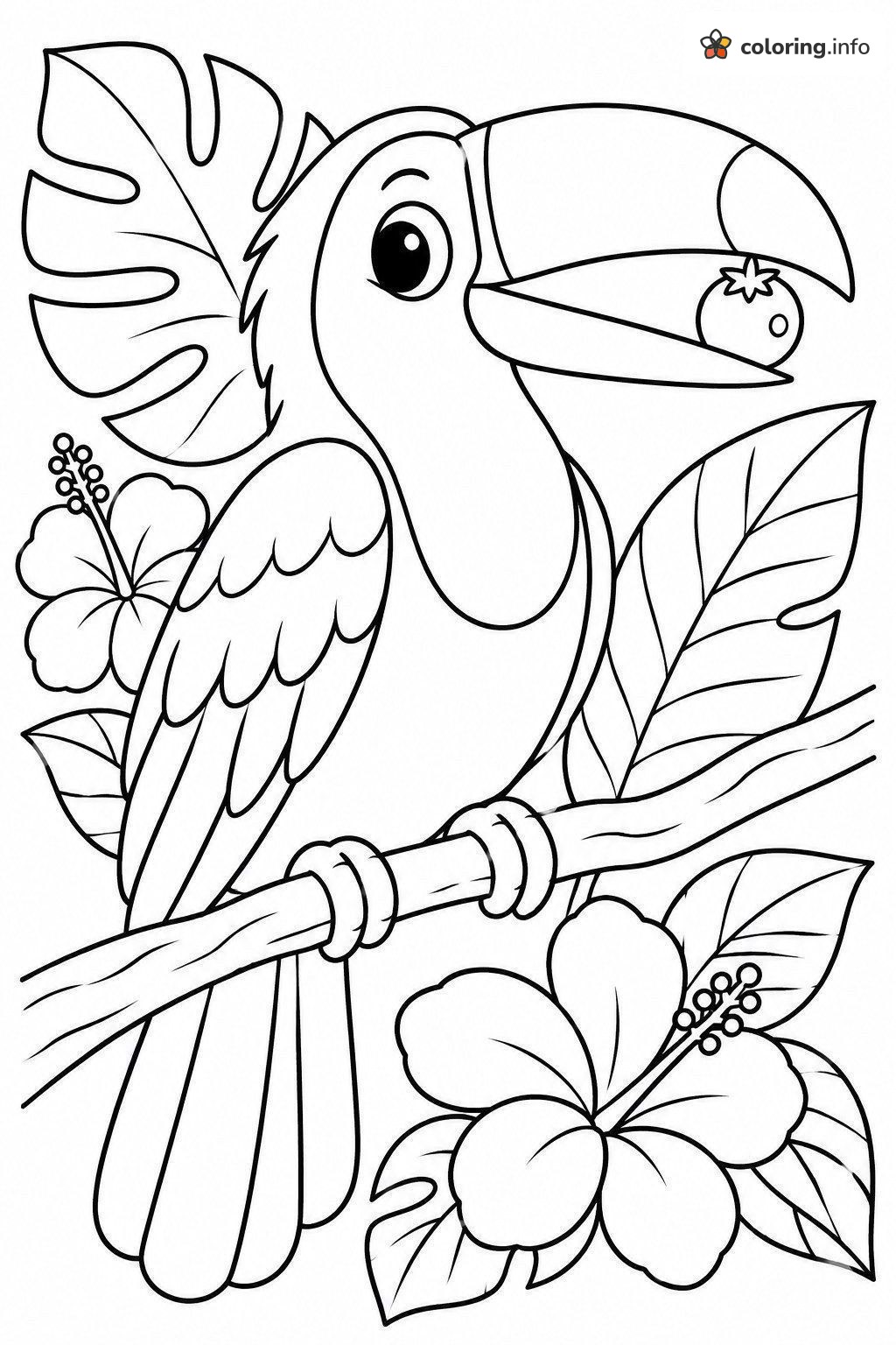 Toucan Birds Coloring Page with Hibiscus Flowers and Berry coloring sheet Toucan Birds Coloring Page with Hibiscus Flowers and Berry coloring sheet