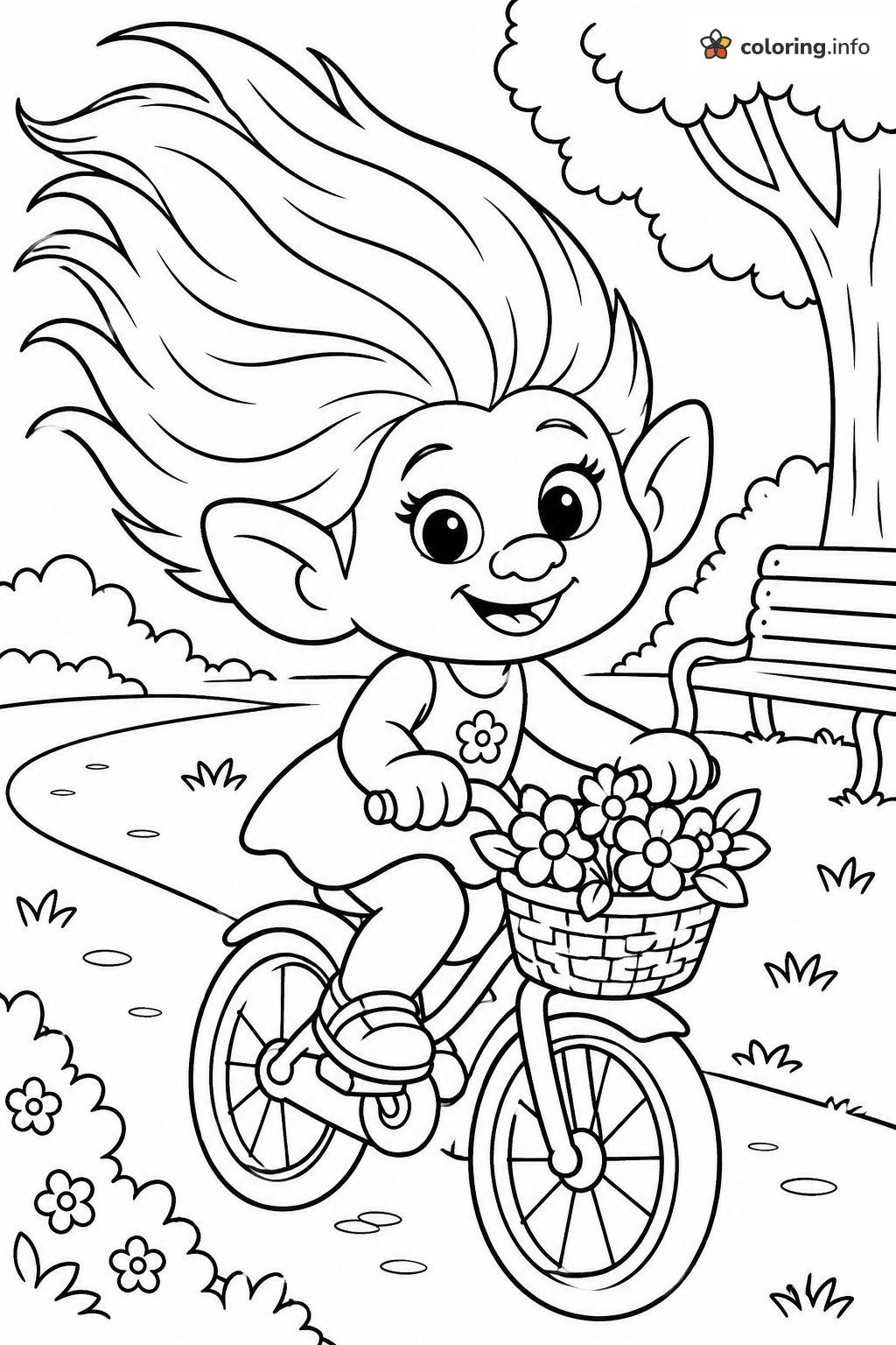 Bike Ride in the Park for a Troll Girl with Flower Basket coloring page Bike Ride in the Park for a Troll Girl with Flower Basket coloring page