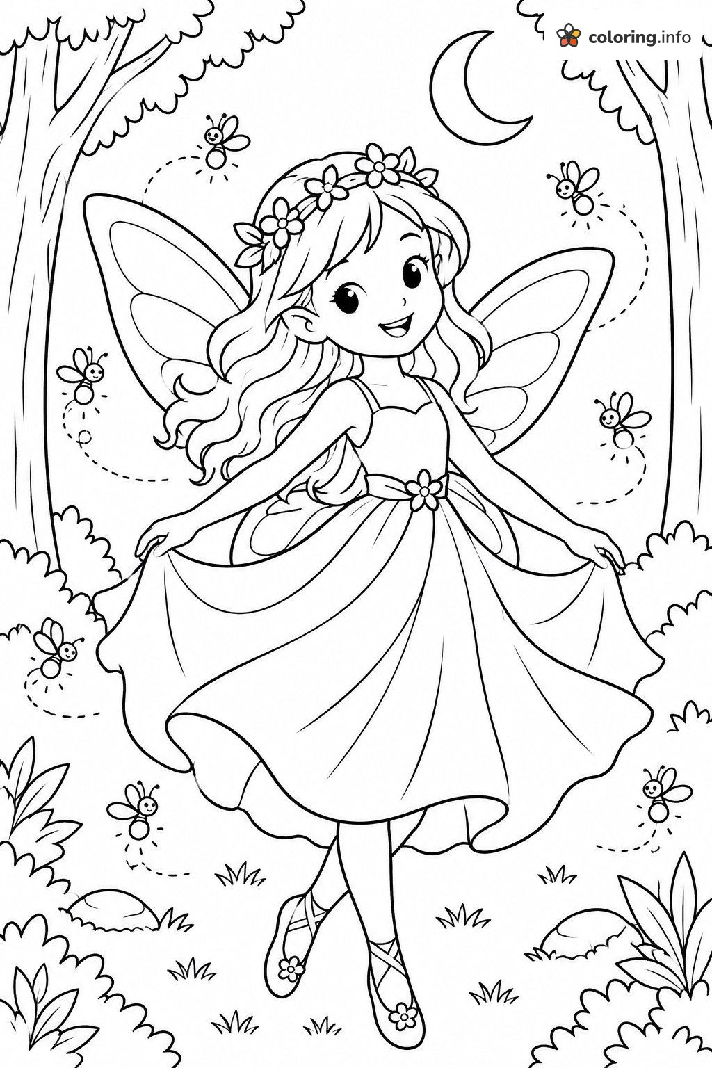 Moonlit Fairy Dance with Six Fireflies coloring page Moonlit Fairy Dance with Six Fireflies coloring page